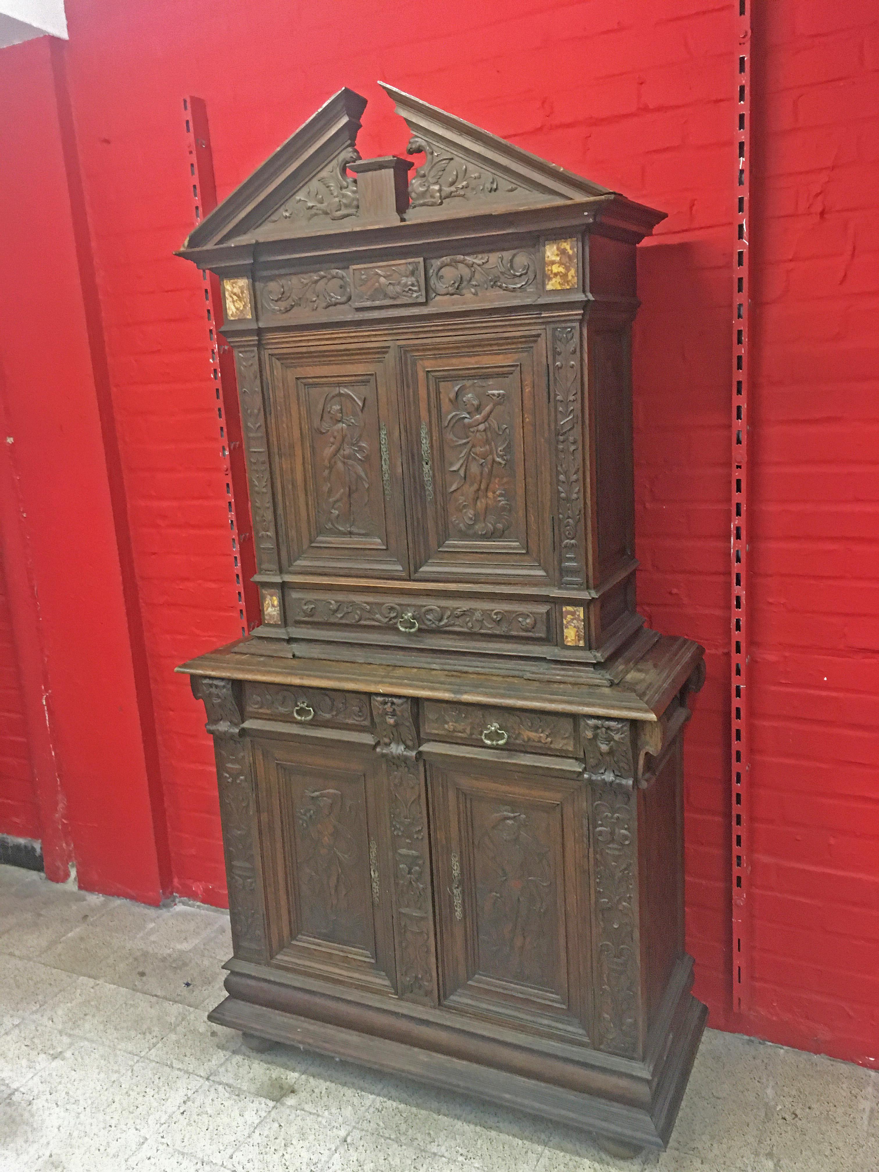 French Buffet 19th Century Renaissance Style Carved Oak with Inclusion of Marble Plates For Sale
