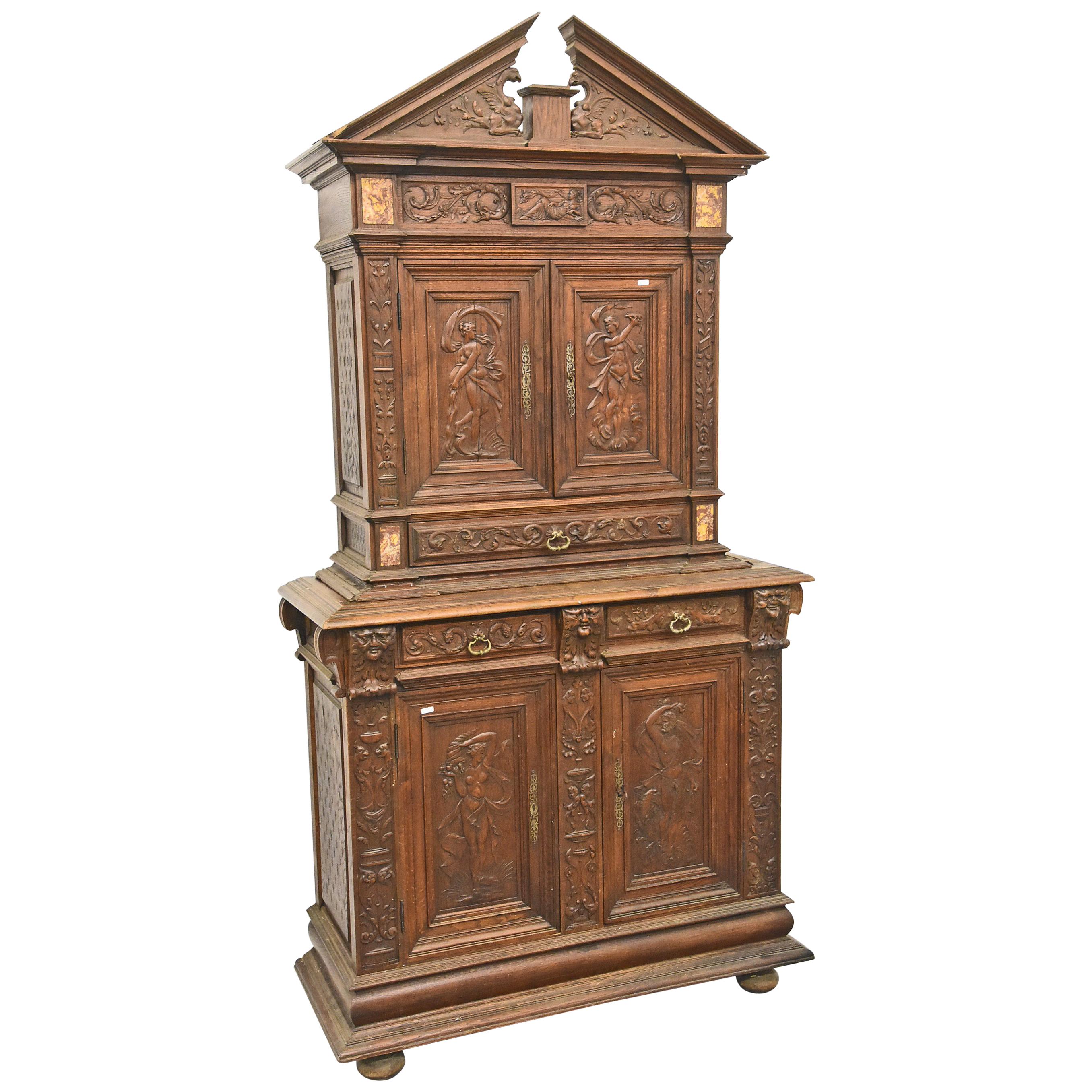 Buffet 19th Century Renaissance Style Carved Oak with Inclusion of Marble Plates For Sale