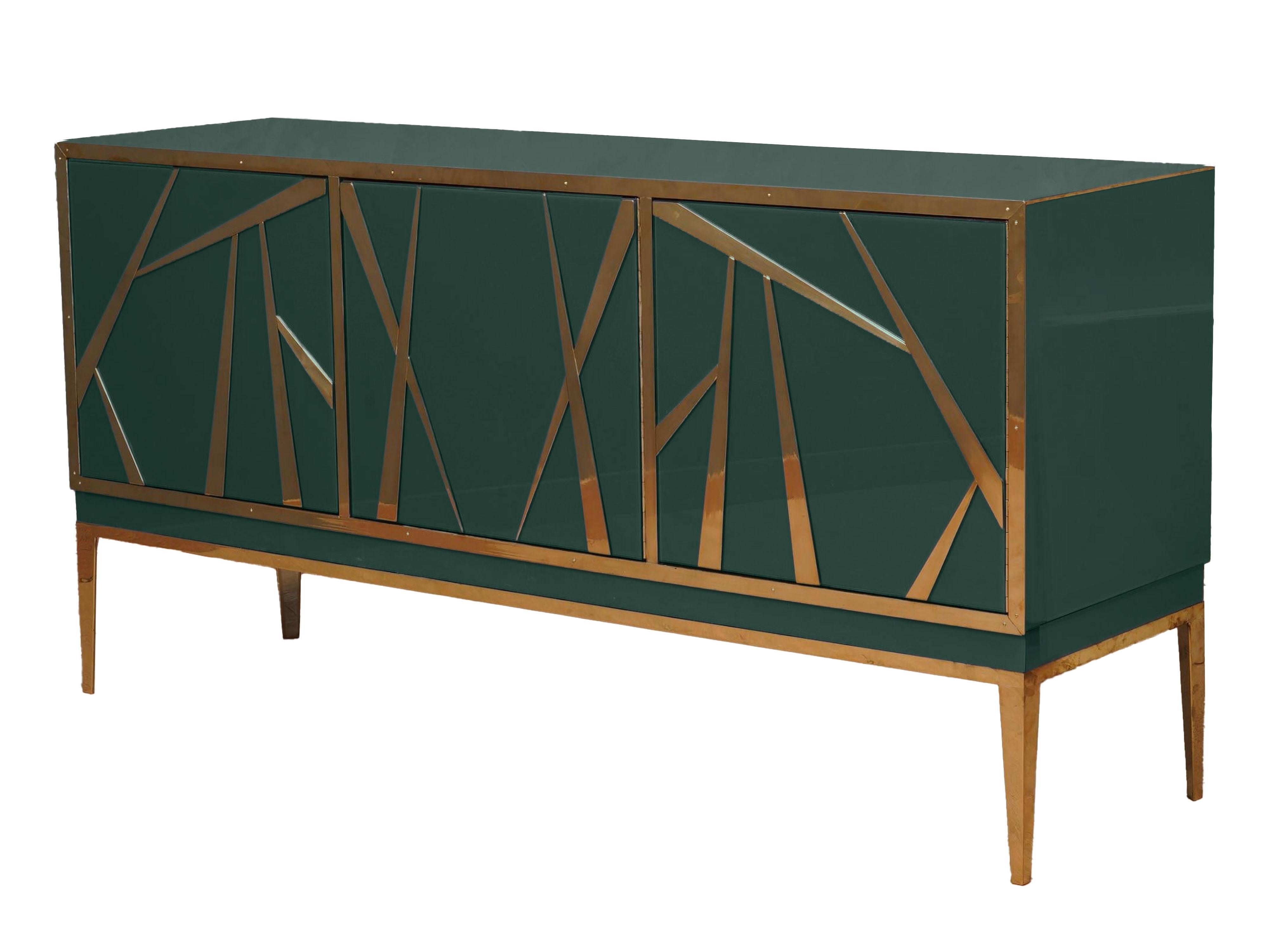 Buffet Sideboard, a masterpiece in dark green Murano glass combined with polished brass accents. 

Handcrafted in Italy, this unique piece embodies the essence of Mid-Century modern design, reimagined for contemporary living. 

Each of the 3 doors