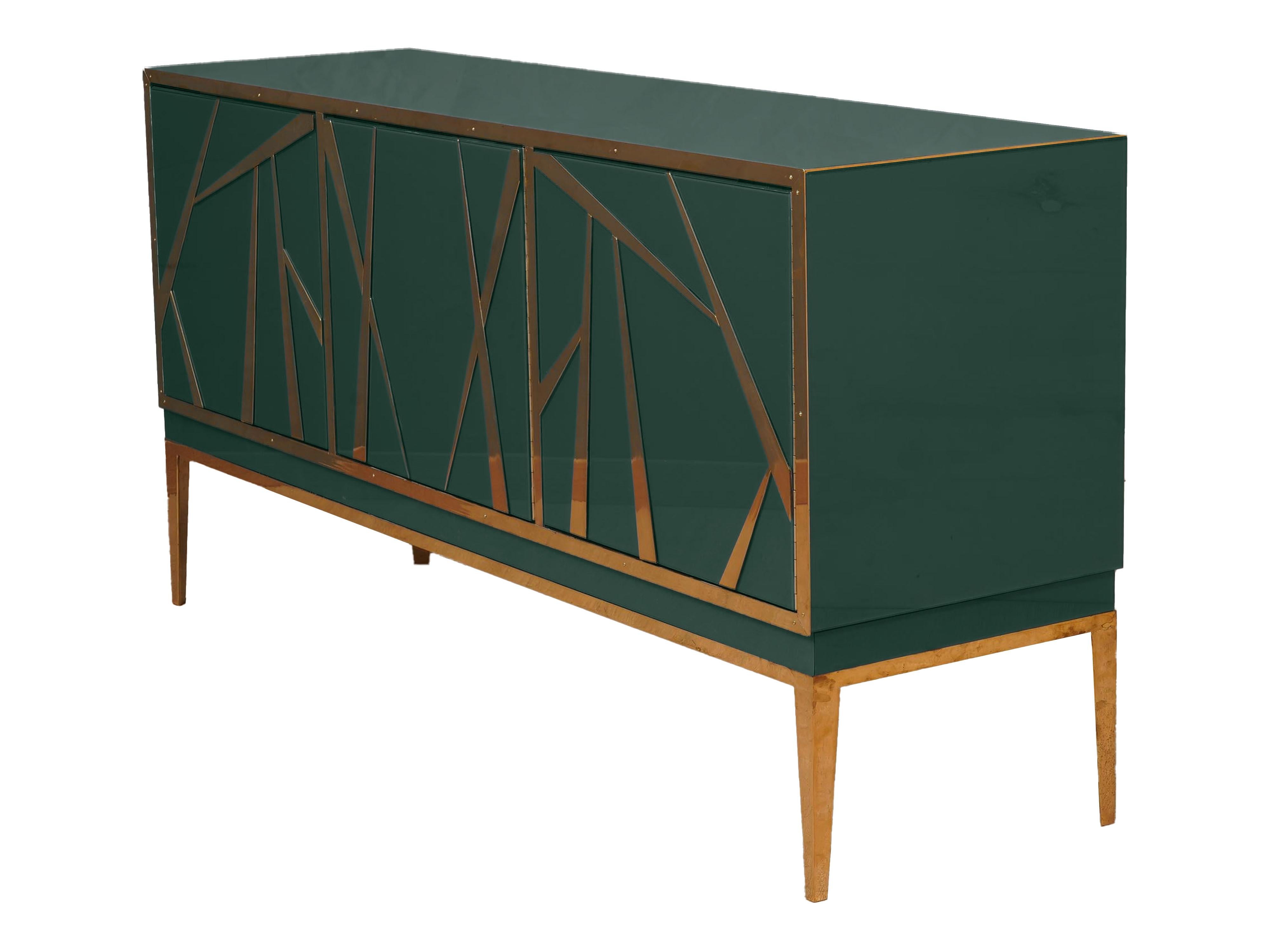 Mid-Century Modern Buffets Dark Green Sideboards Murano Glass and Brass Made in Italy Available For Sale