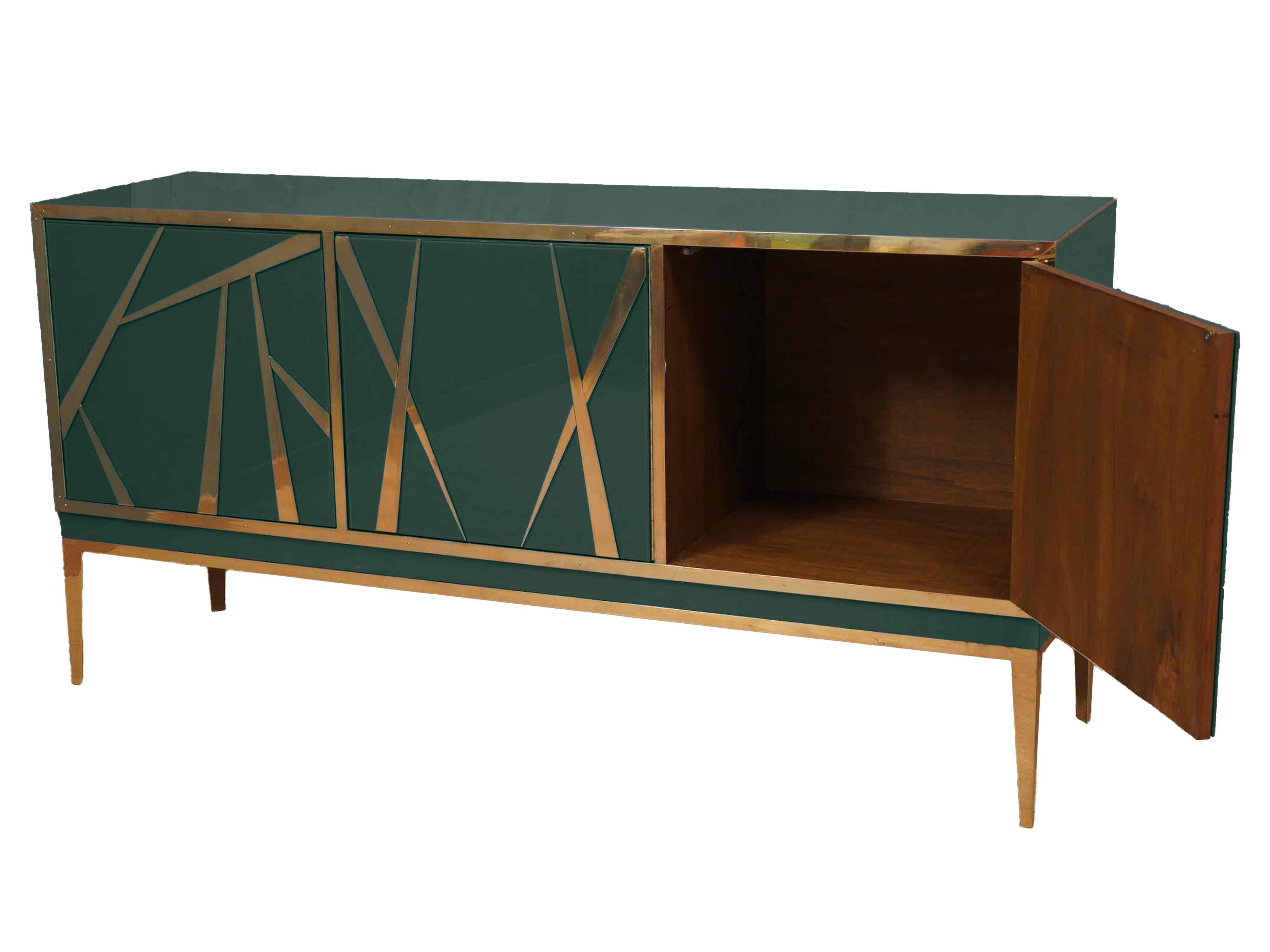 Hand-Carved Buffets Dark Green Sideboards Murano Glass and Brass Made in Italy Available For Sale