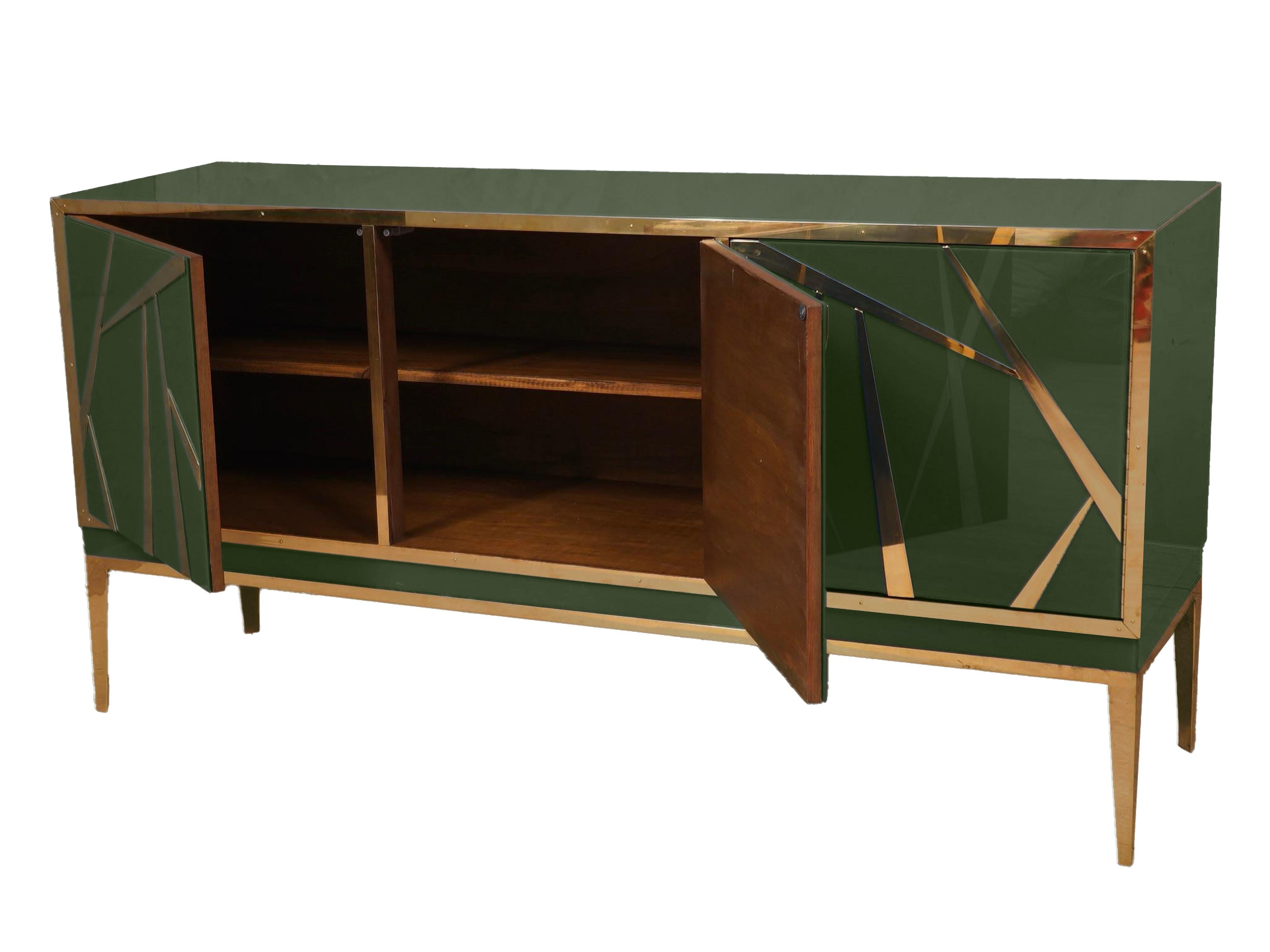 Buffets Dark Green Sideboards Murano Glass and Brass Made in Italy Available In New Condition For Sale In Guazzora, IT