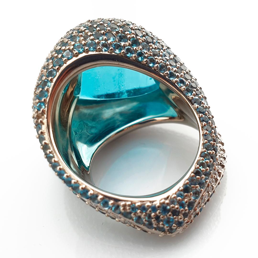 Modern Bufftop Aquamarine Ring, 18k White Gold, 341 Aquamarines Faceted, 173 Diamonds For Sale