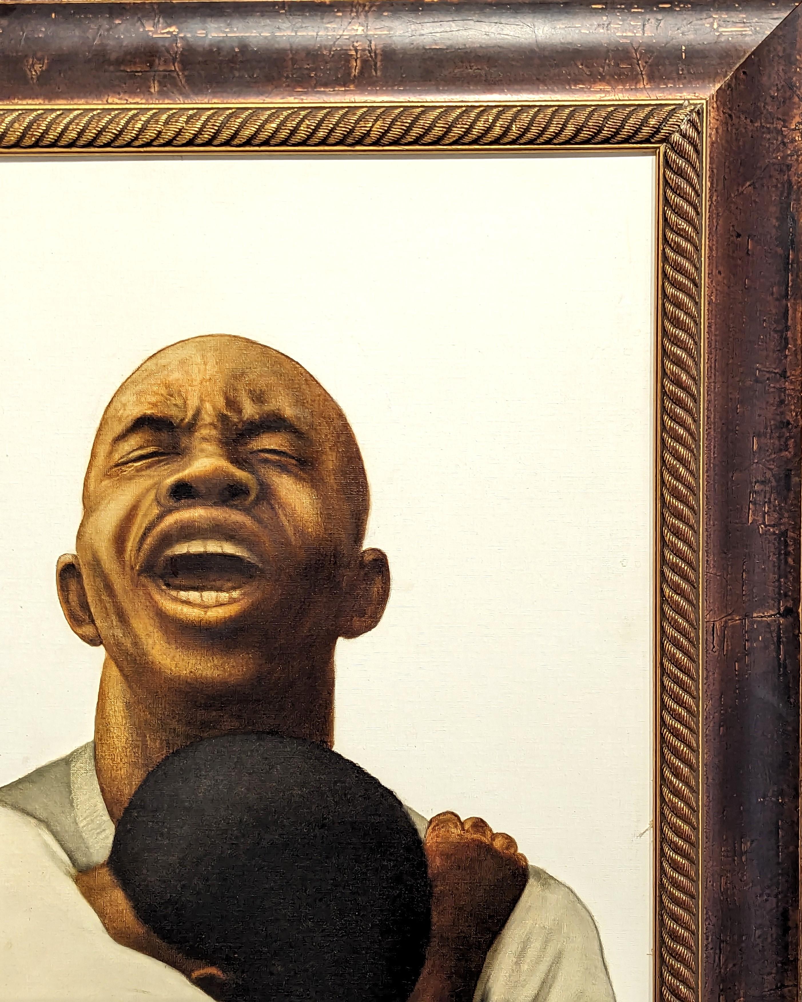 Frühe figurative Porträtmalerei des in Houston lebenden Künstlers Buford Evans. Das Werk zeigt einen schwarzen Mann, der mit einem verzweifelten Gesichtsausdruck in den Himmel blickt, während sich ein kleines Kind an ihn klammert. Signiert und