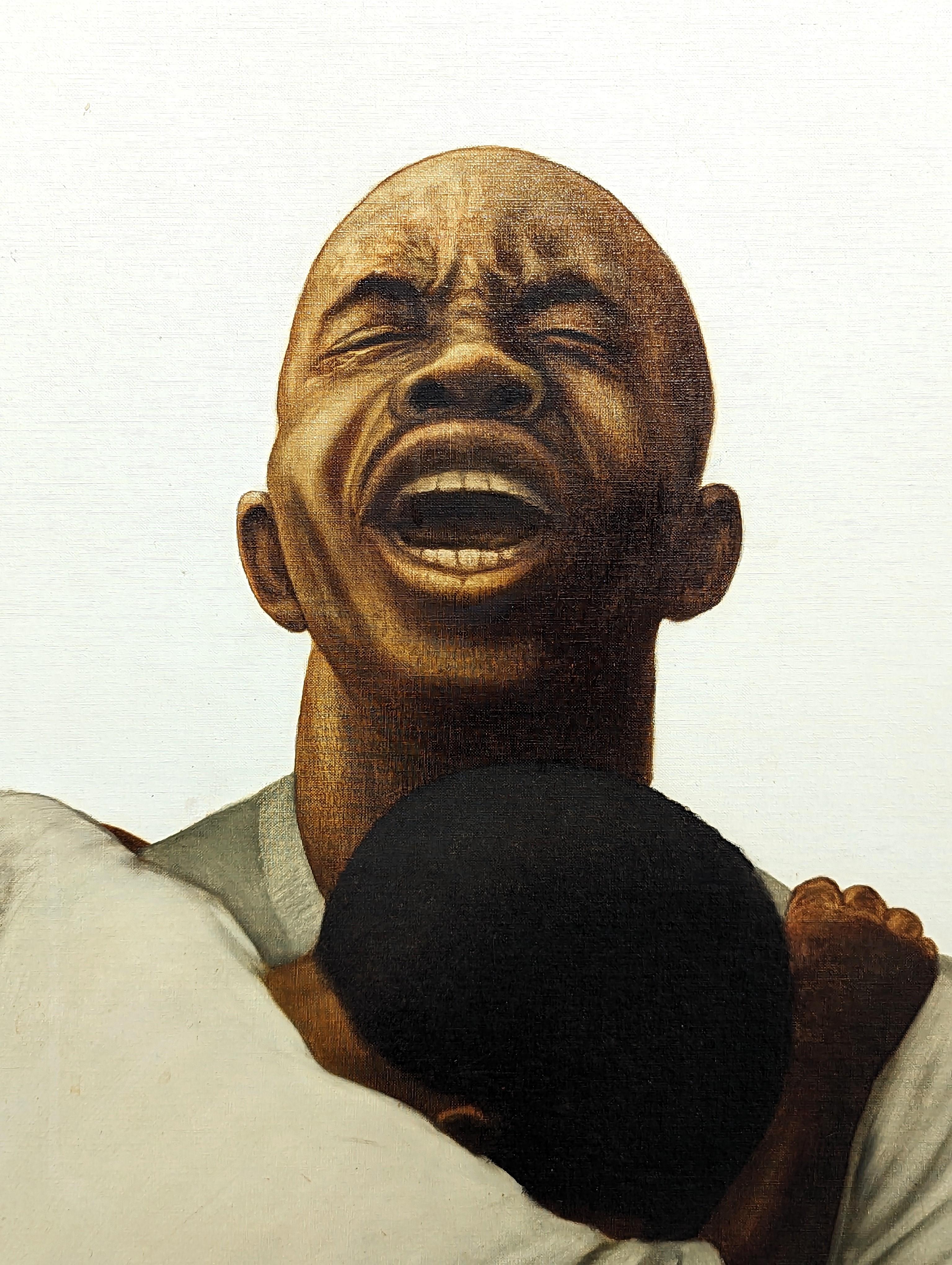 Early figurative portrait painting by Houston-based artist Buford Evans. The work features a black man looking to the sky with an anguished expression on his face as a young child clings to him. Signed and dated by the artist in the front lower