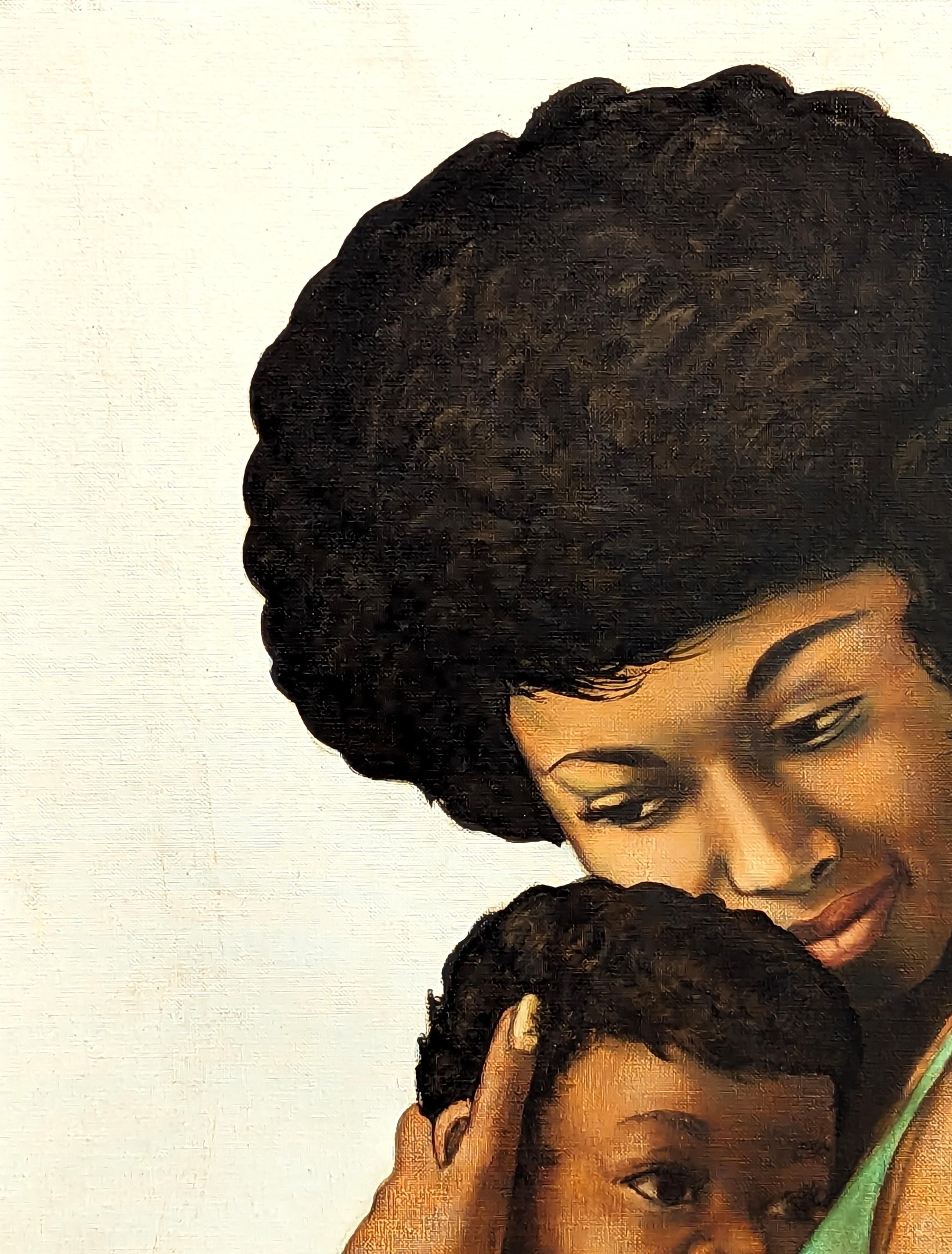 Early figurative portrait painting by Houston-based artist Buford Evans. The work features a black woman dressed in a green dress gingerly caressing her young child. Signed by the artist in the front lower right corner as well as signed, titled, and