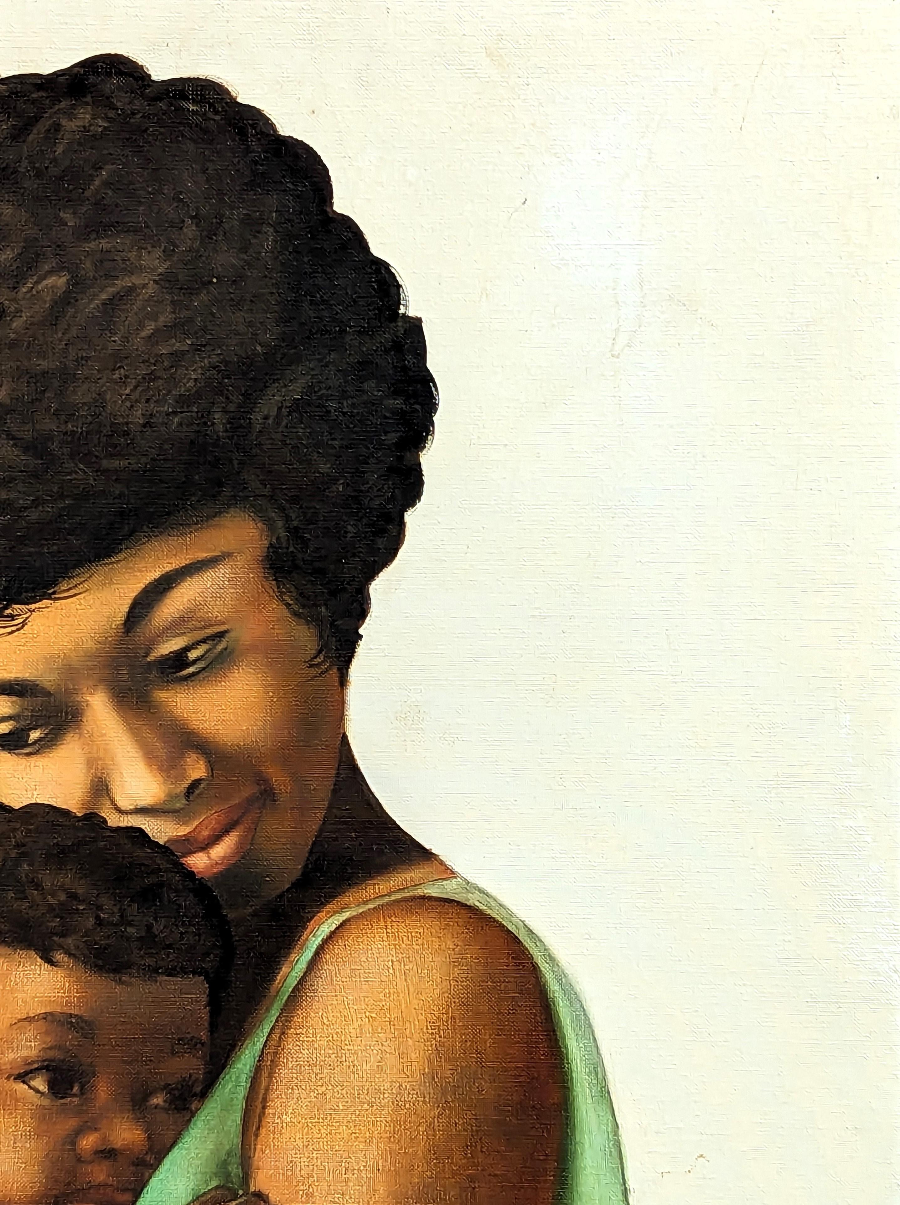 Portrait figuratif de jeunesse de l'artiste Buford Evans, basé à Houston. L'œuvre représente une femme noire vêtue d'une robe verte caressant avec précaution son jeune enfant. Signé par l'artiste dans le coin inférieur droit du recto ainsi que