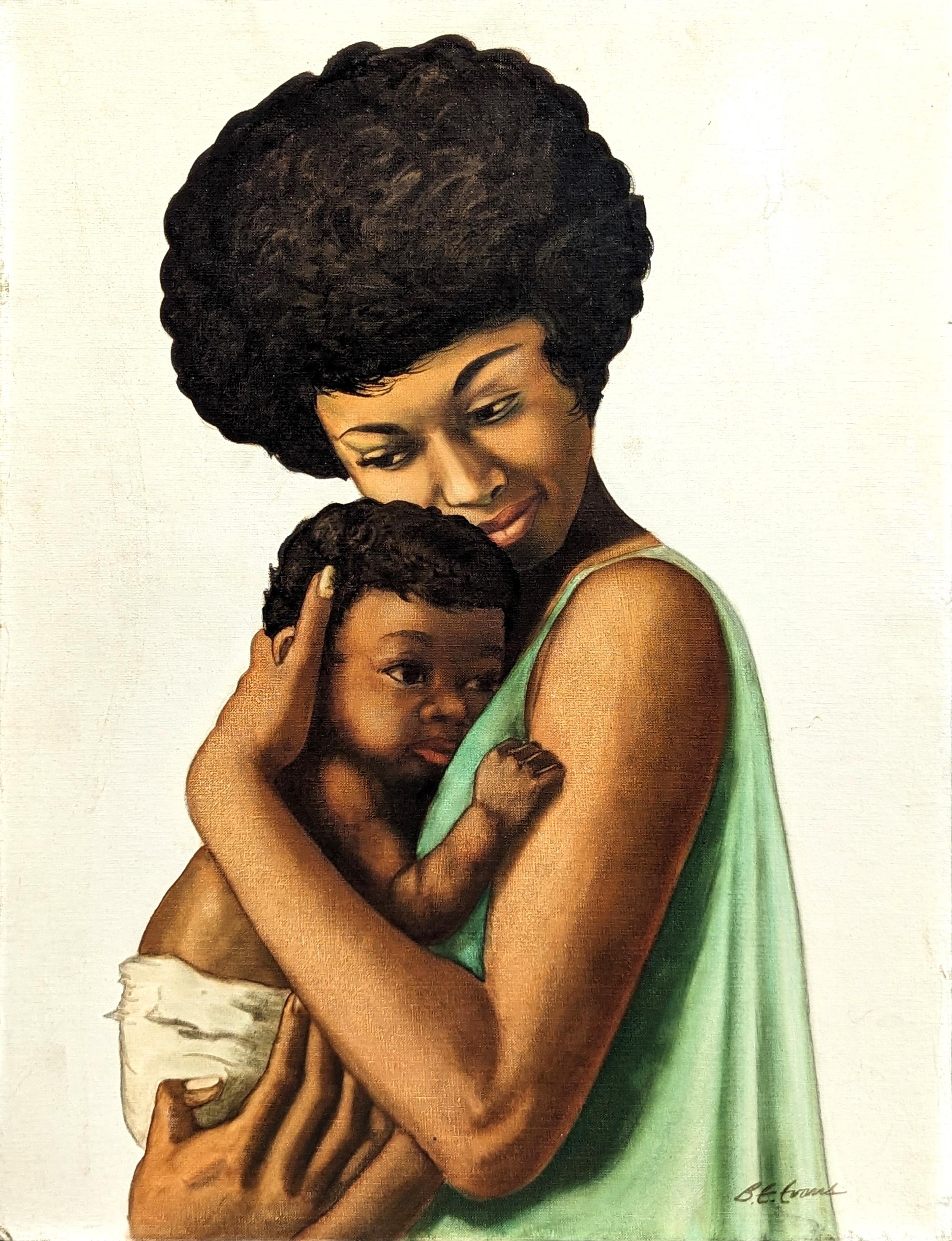 Figurative Painting Buford Evans - Mère et enfant, portrait figuratif ancien d'une femme noire et d'un enfant