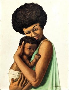 Frühes figuratives Porträtgemälde einer schwarzen Frau und eines Kindes, Mutter und Kind