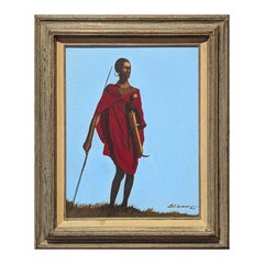 "Young Warrior" Contemporary Portrait of a Black Figure in Red Holding a Spear