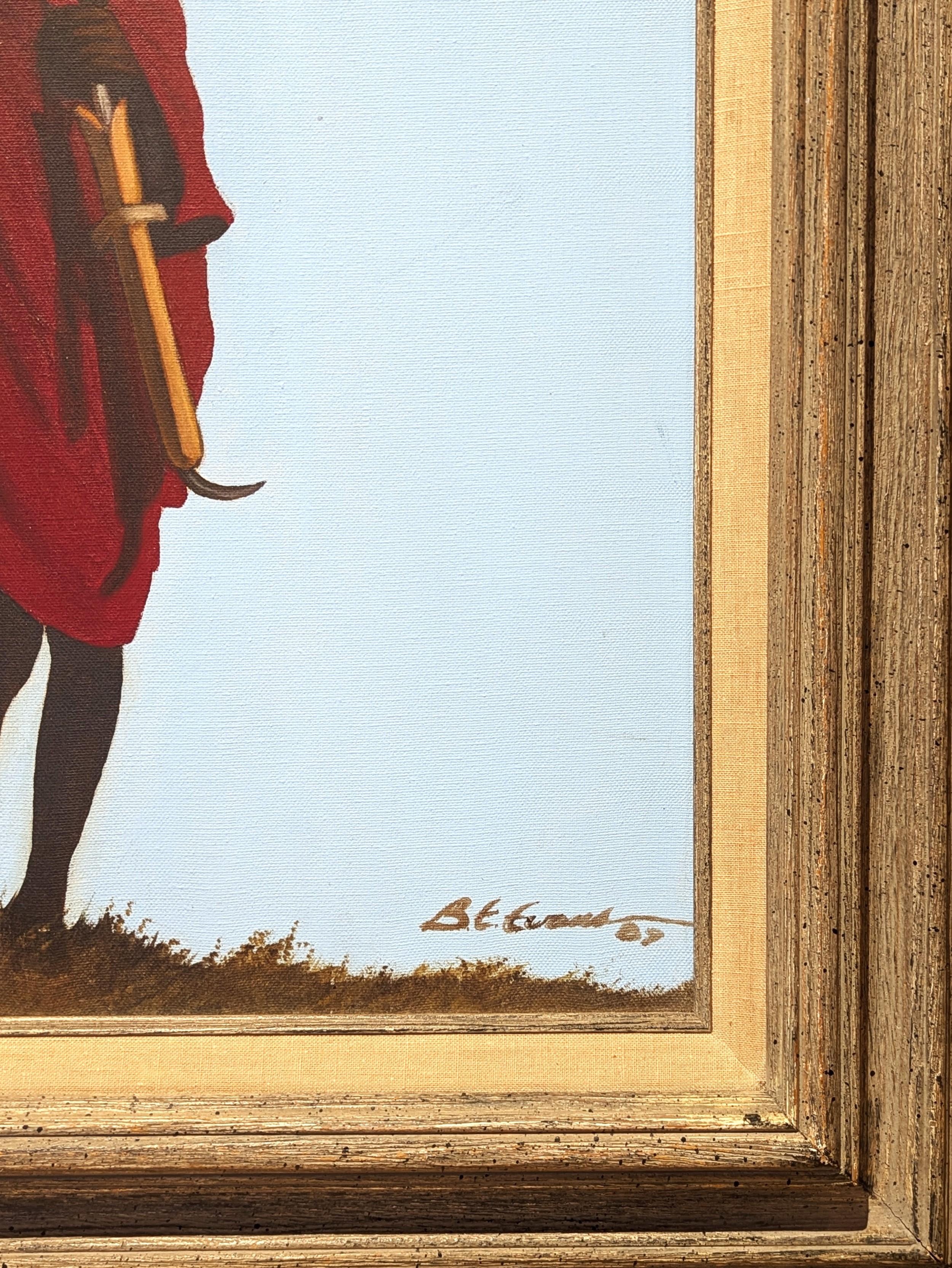 Figurative Porträtmalerei des in Houston lebenden Künstlers Buford Evans. Das Werk zeigt eine schwarze, rot gekleidete Figur, die einen Speer hält. Signiert und datiert vom Künstler in der rechten unteren Ecke der Vorderseite sowie betitelt auf der