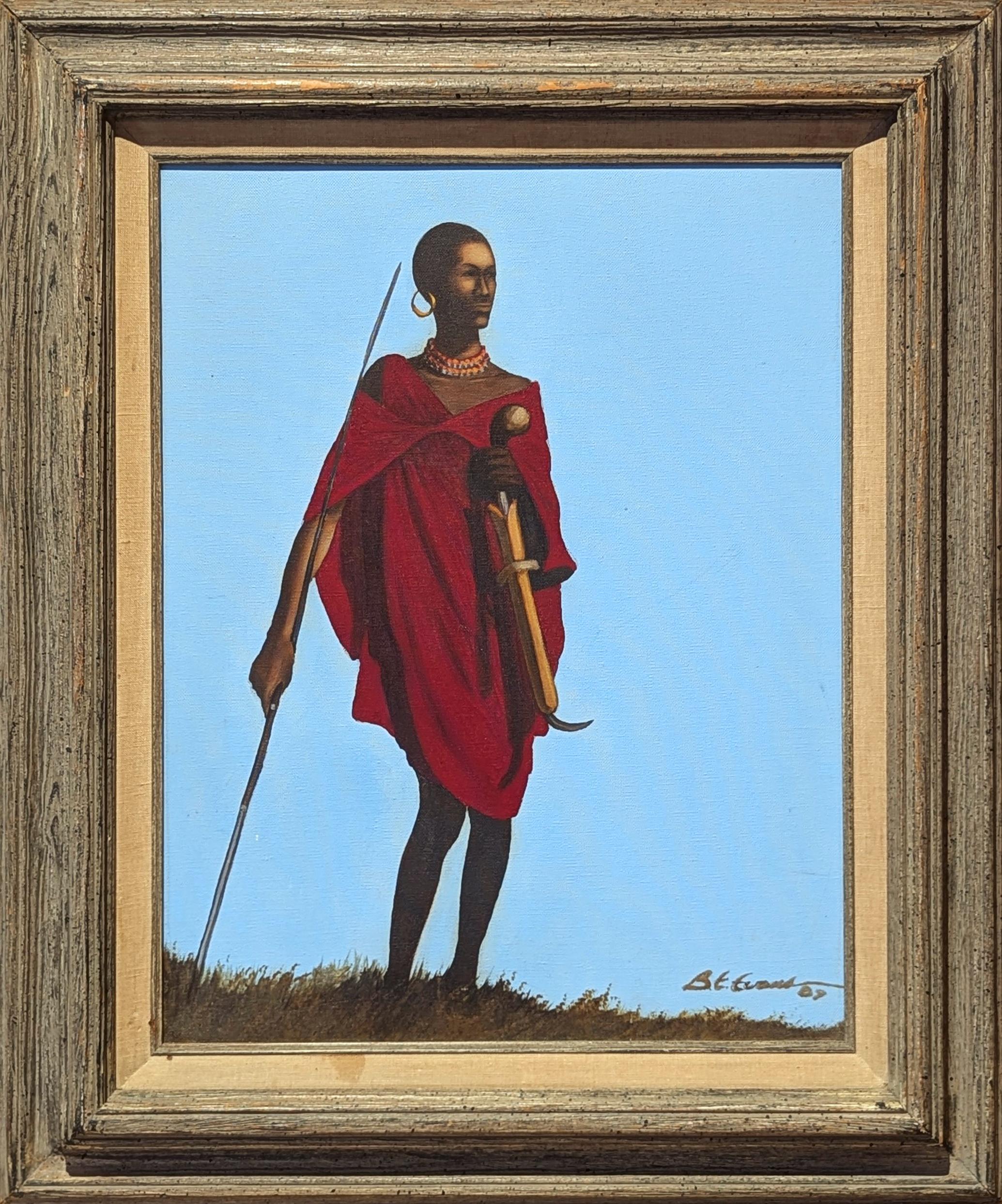 "Giovane guerriero" Ritratto contemporaneo di una figura nera in rosso che impugna una lancia