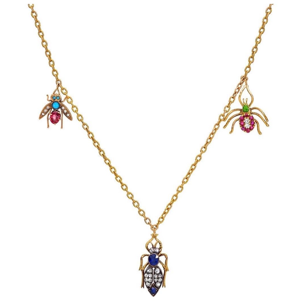 Bug Multi Gem Gold Vintage Charm Necklace