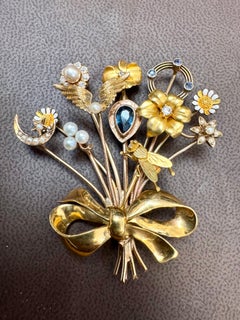Bug on A Flower Bouquet Pearl Diamond  Brooch /Pin 14 Kt Yellow Gold 17.5 Gm