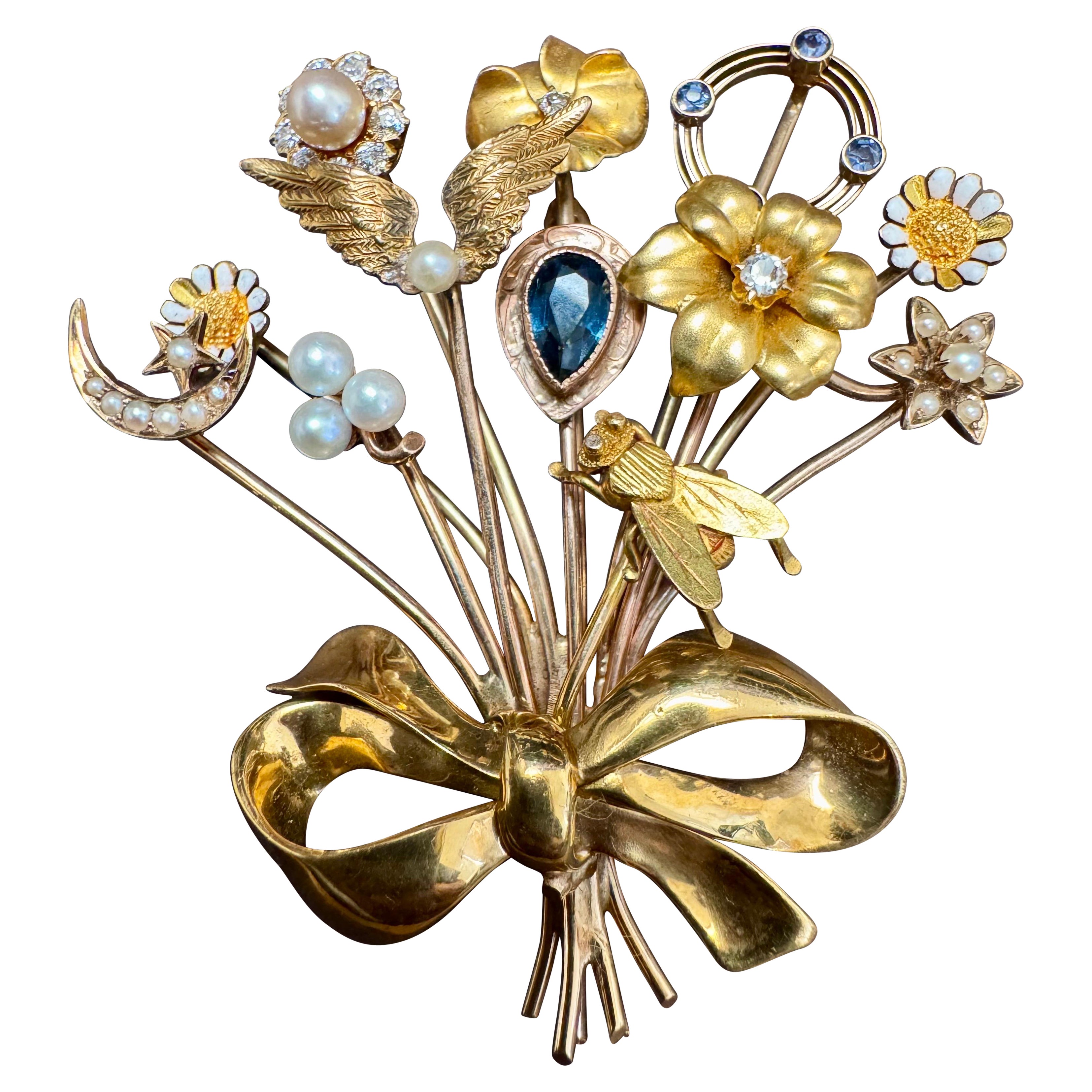 Punaise sur un bouquet de fleurs Perle Diamant  Broche / épingle 14 Kt or jaune 17.5 Gm en vente