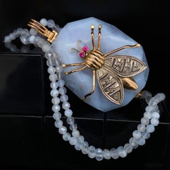"Bug on a Rock" Gold Insect on Agate; Ruby, Sapphire Accents & Chalcedony Chain