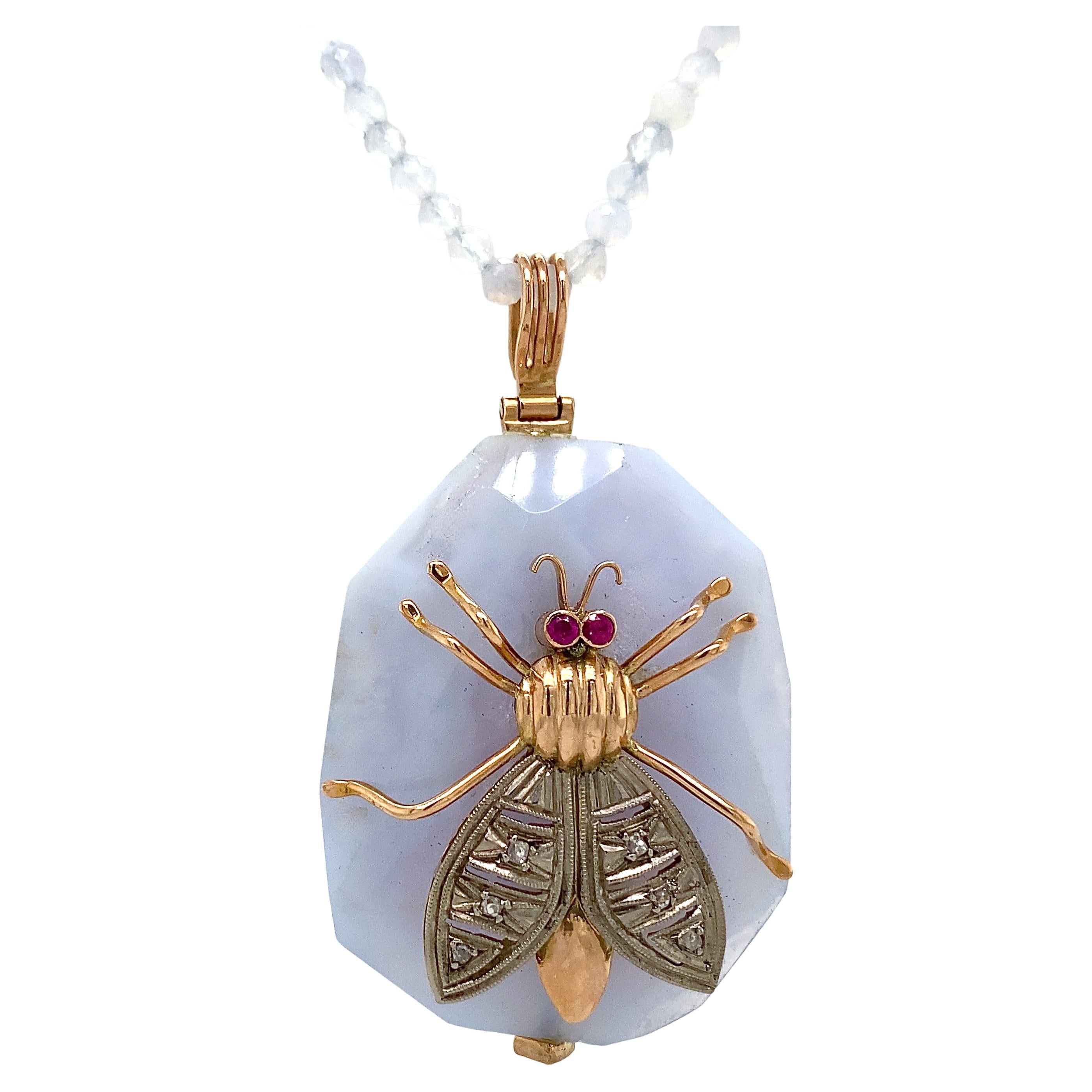 "Bug on a Rock" Gold Insect on Agate; Ruby, Sapphire Accents & Chalcedony Chain For Sale