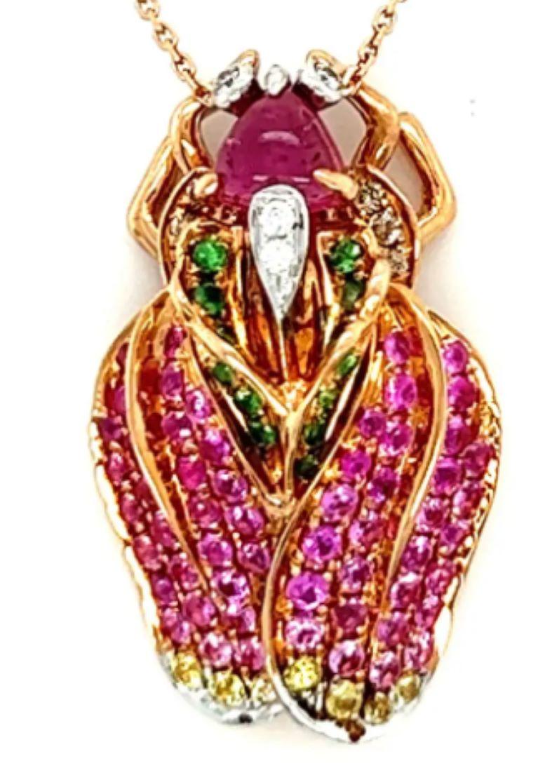 Mixed Cut Bug Pink Tourmaline Diamond Sapphire & Garnet 18K Rose Gold Pendant Necklace For Sale