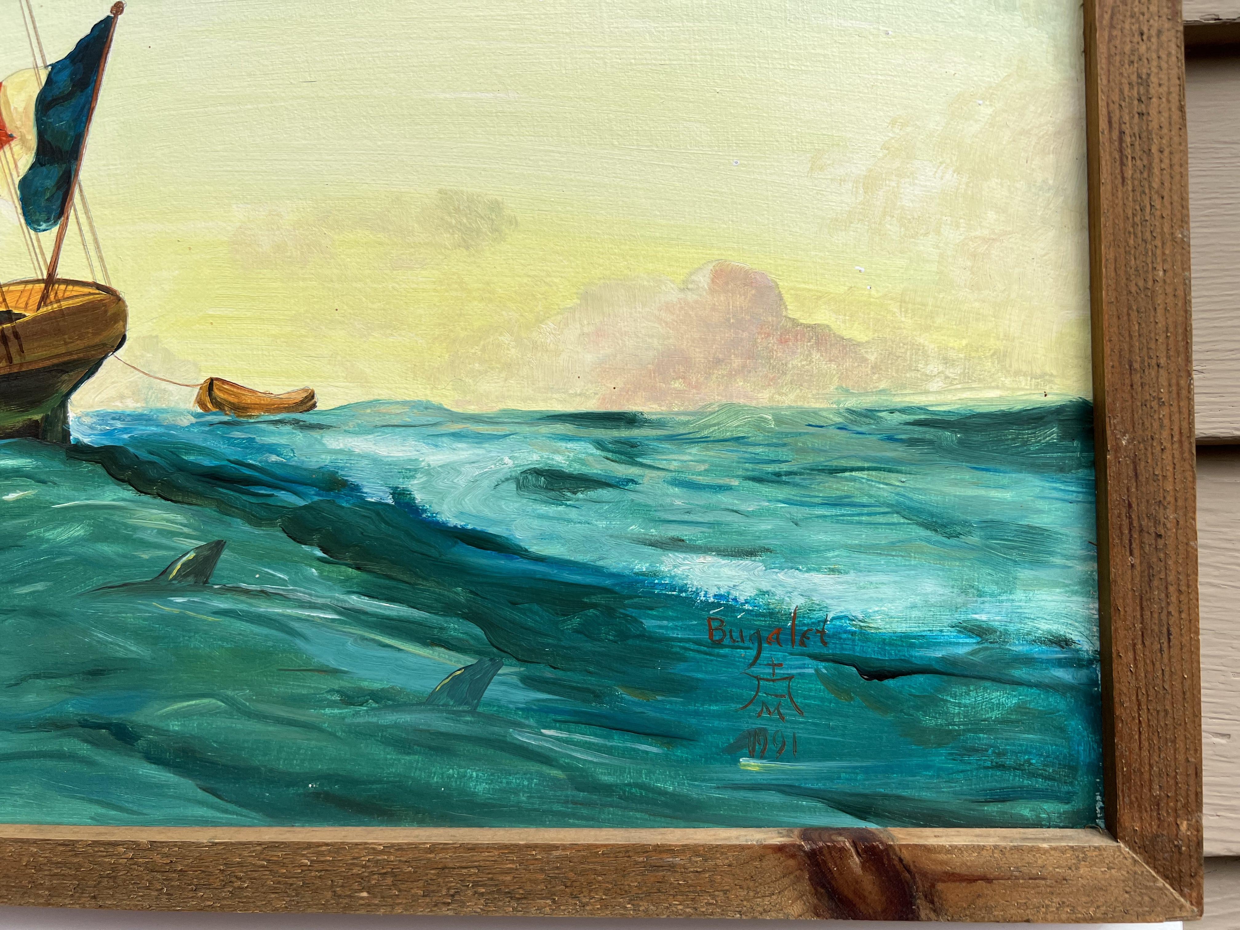 Vintage 1991 Oil painting on boards, seascape, Bugalet, Signed, Dated, Framed For Sale 4