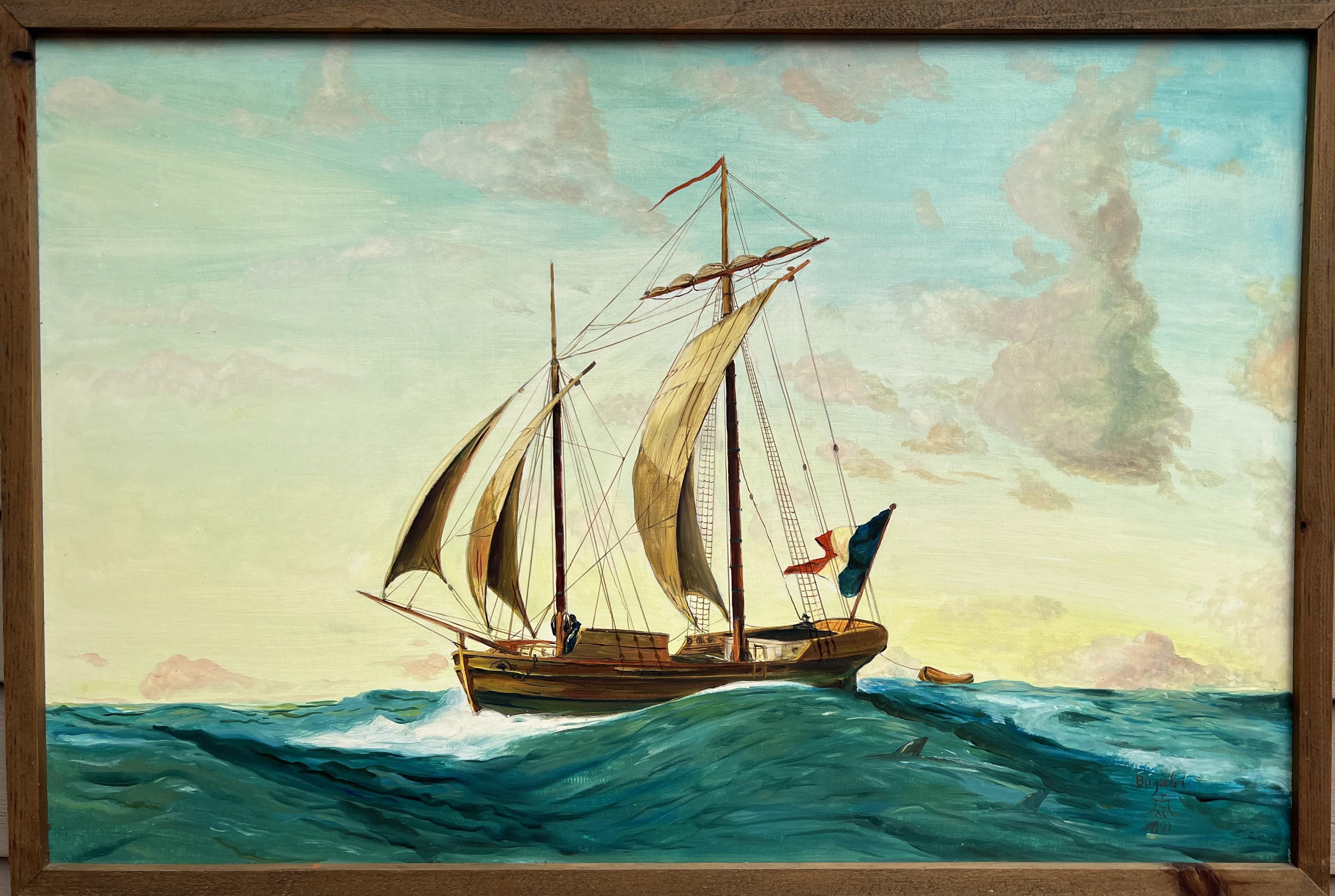 This is an original signed oil painting on board depicting a vessel in the stormy ocean.
Beautifully done, great bright blue and green colors. 

Nicely framed.

Framed measures 31" x 21" & painting measures 30" x 20" 

Please see the photos, they