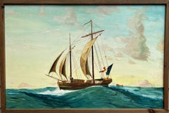 Vintage 1991 Pittura a olio su tavola, paesaggio marino, Bugalet, Firmato, Datato, Incorniciato