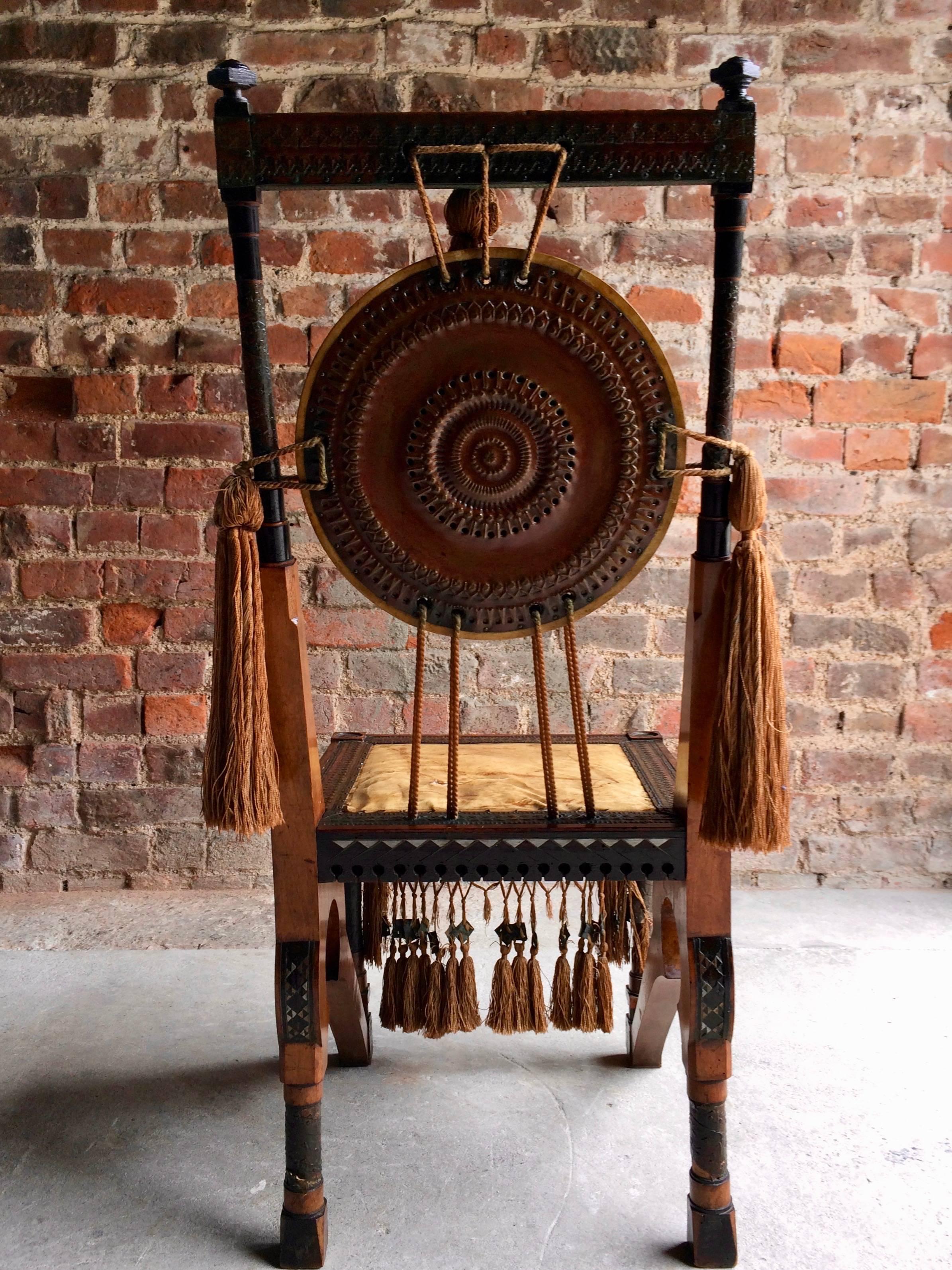 Moorish Bugatti Chair Carlo Bugatti Walnut and Copper Side Chair Italian Signed, 1900