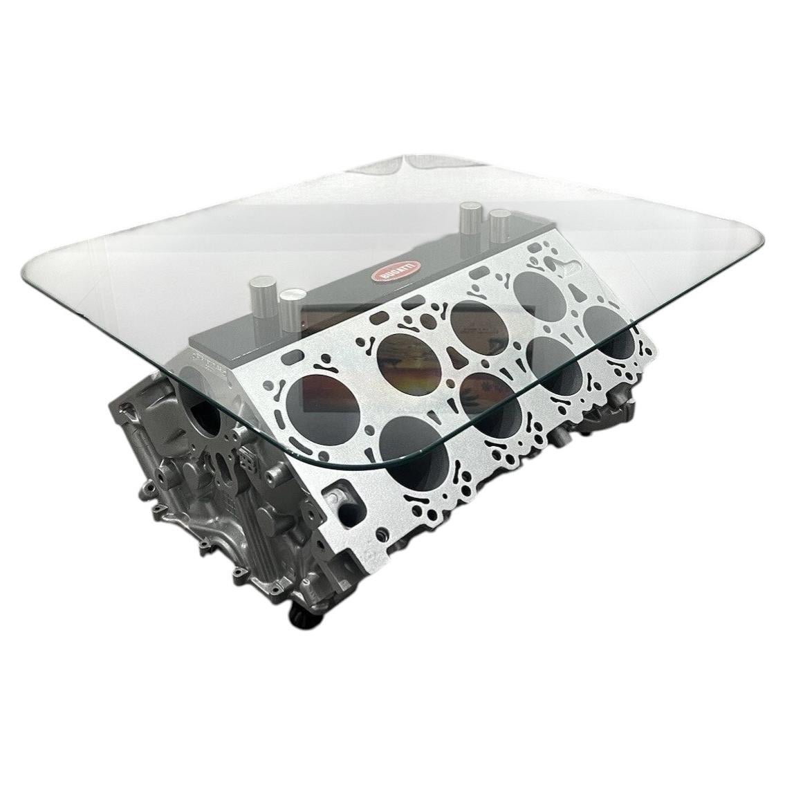 Bugatti Veyron W16 Engine Block Coffee Table Automotive Sculpture Art Glass Top