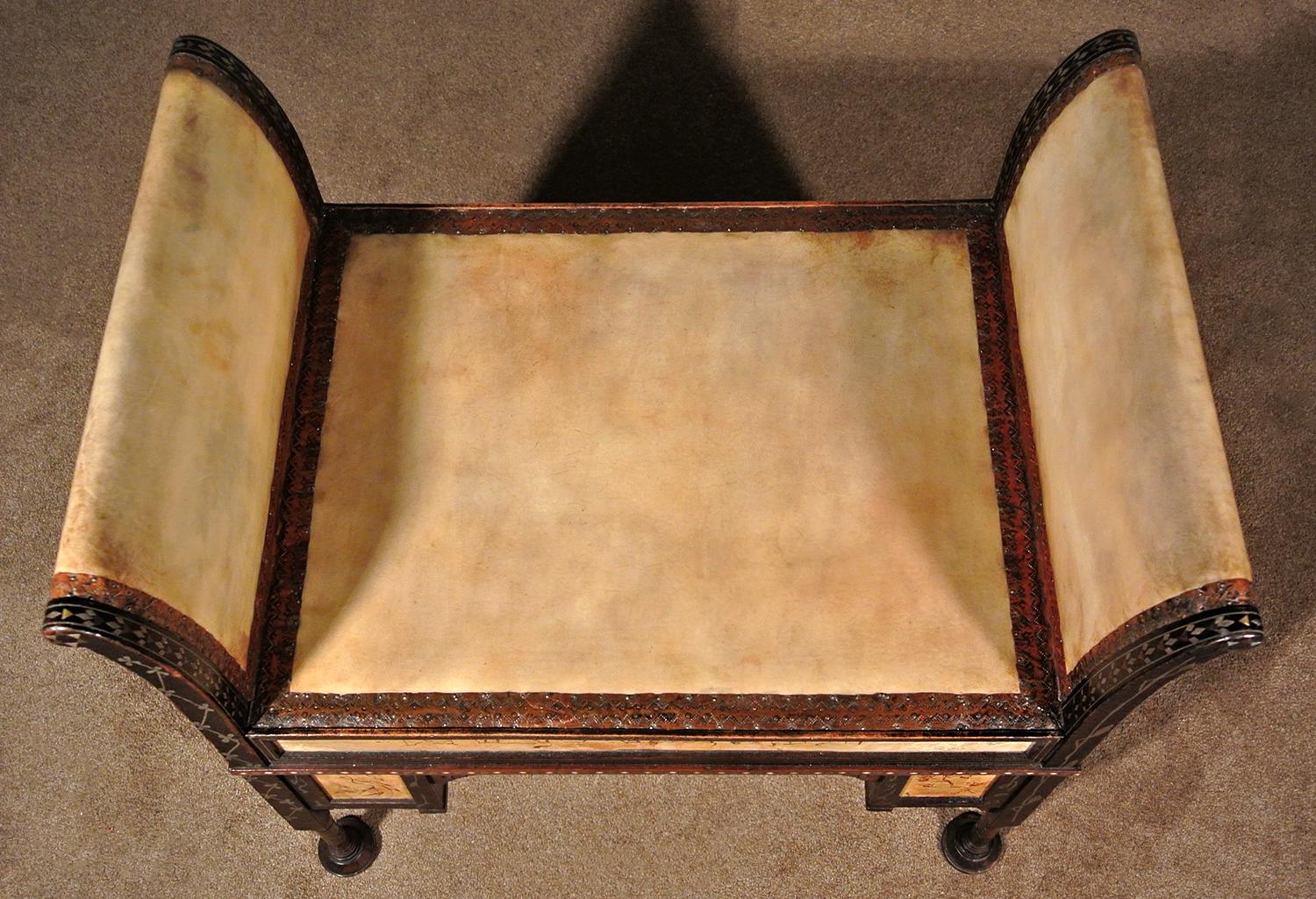 Early 20th Century Bugatti Walnut, Copper and Pewter Stool, Painted by Carlo Bugatti, circa 1904 For Sale