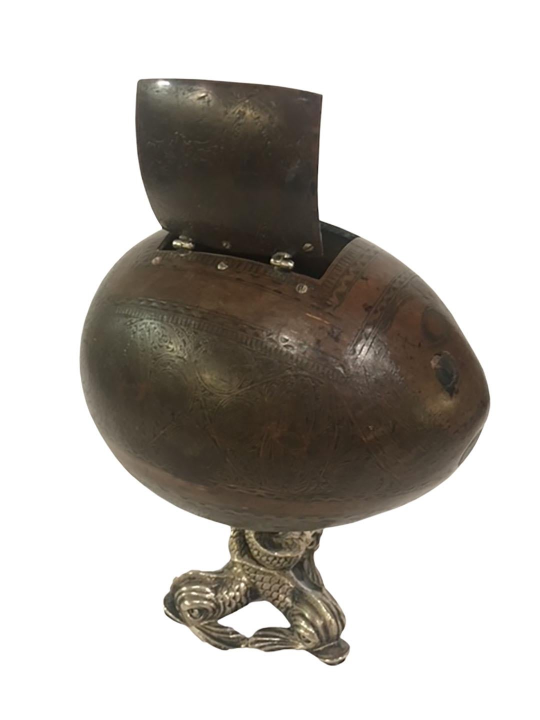 18th Century Bugbear Coconut Tea Caddy on Silver Dolphin Base For Sale