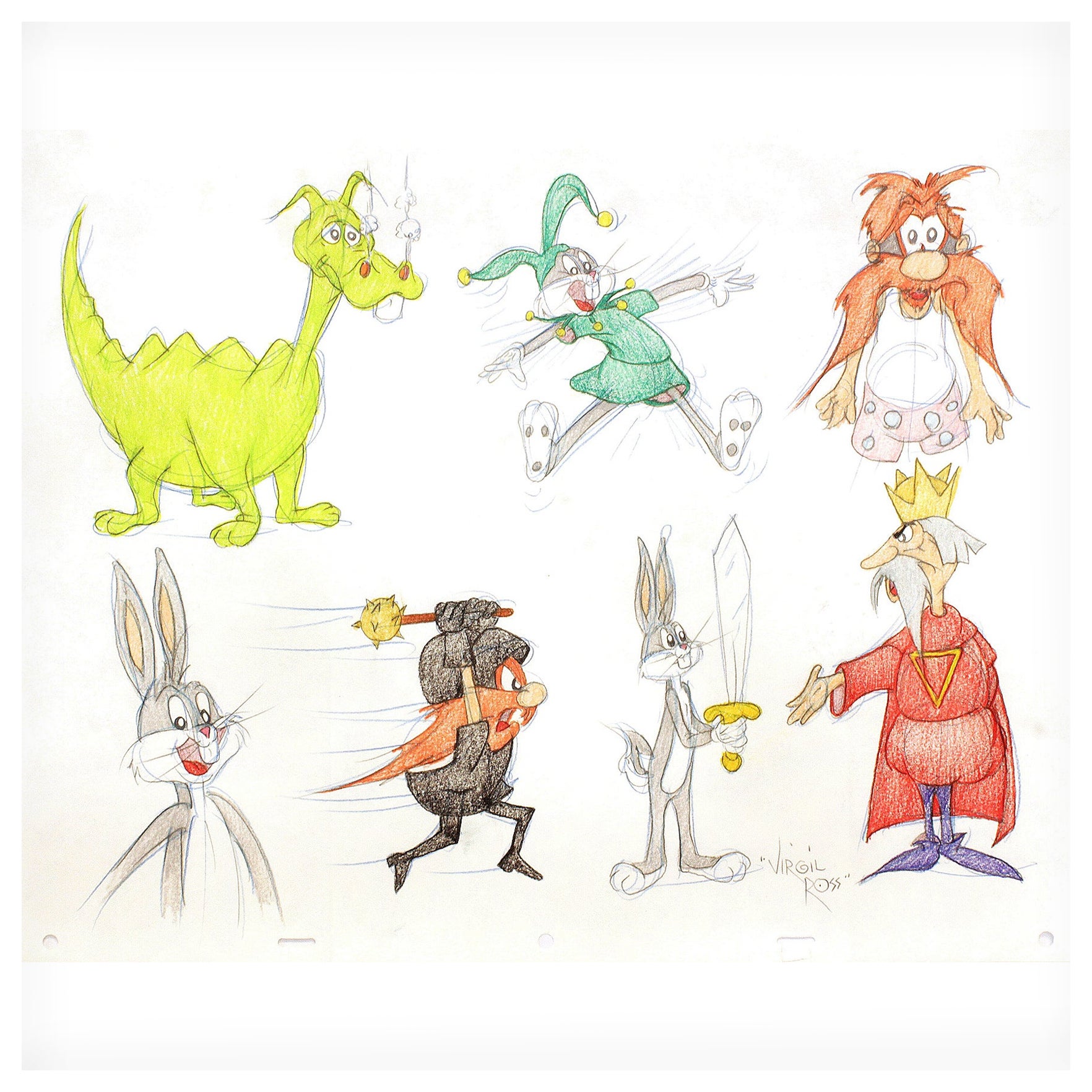 BUGS BUNNY, YOSEMITE SAM, KING ARTHUR, AND A DRAGON – signiert von Virgil Ross