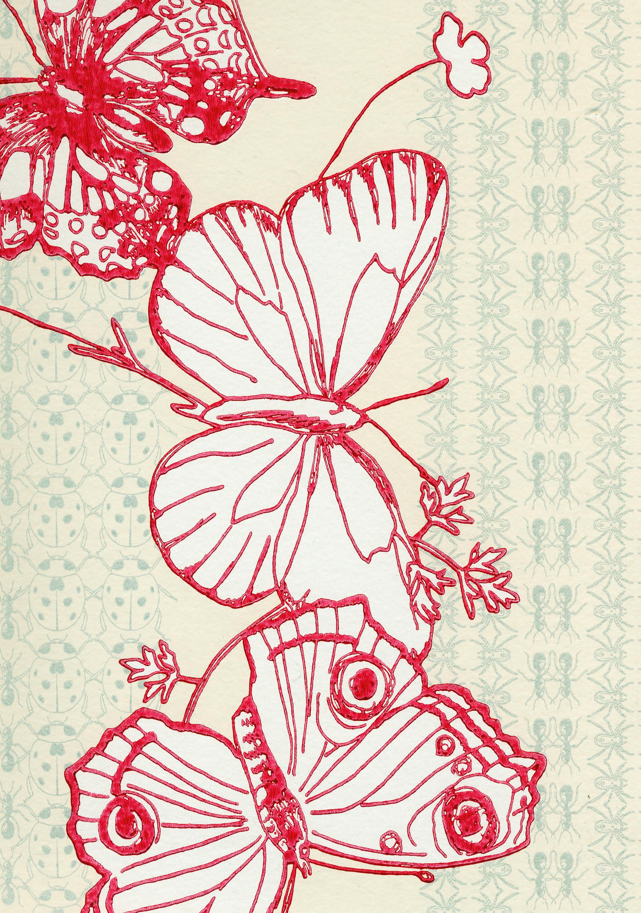 British 'Bugs & Butterflies' Contemporary, Traditional Wallpaper in Raspberry For Sale
