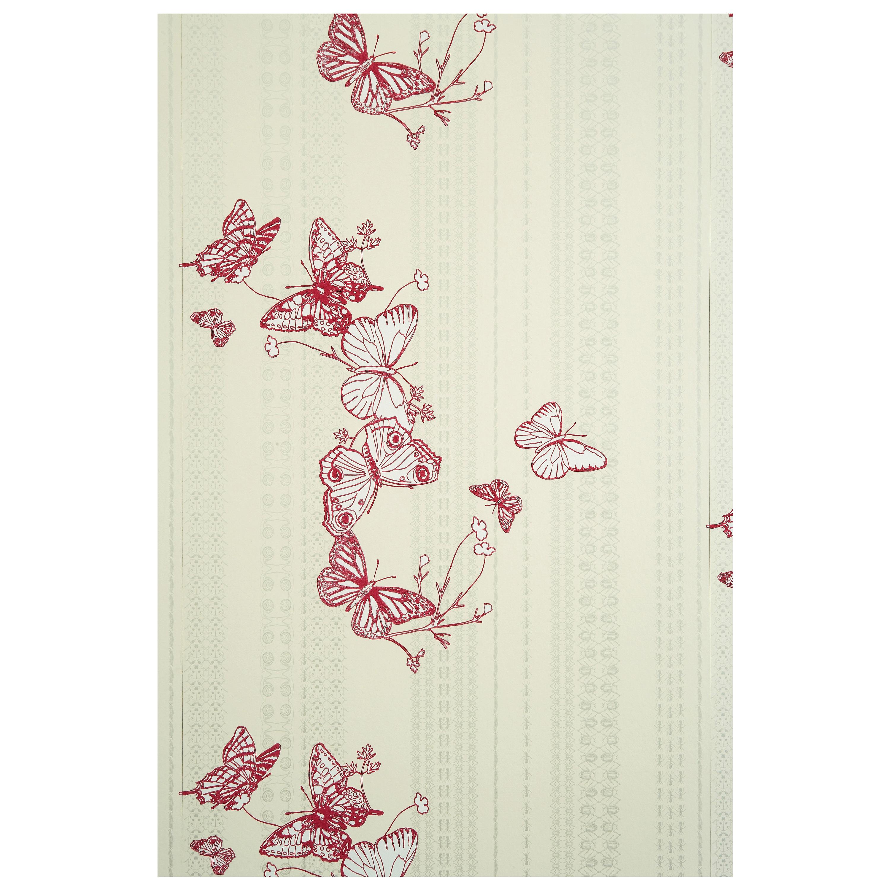 'Bugs & Butterflies' Contemporary, Traditional Wallpaper in Raspberry For Sale