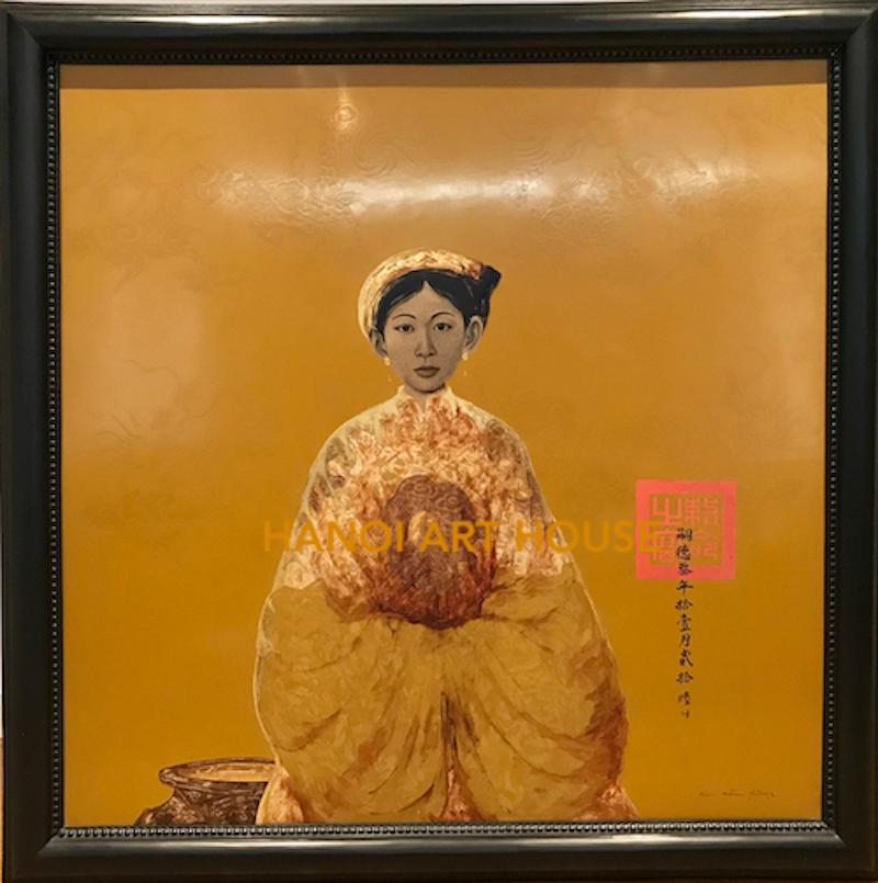 ROYAL LADY contemporary impressionist lacquer gold leaf orange brown painting - Art by Bui Huu Hung