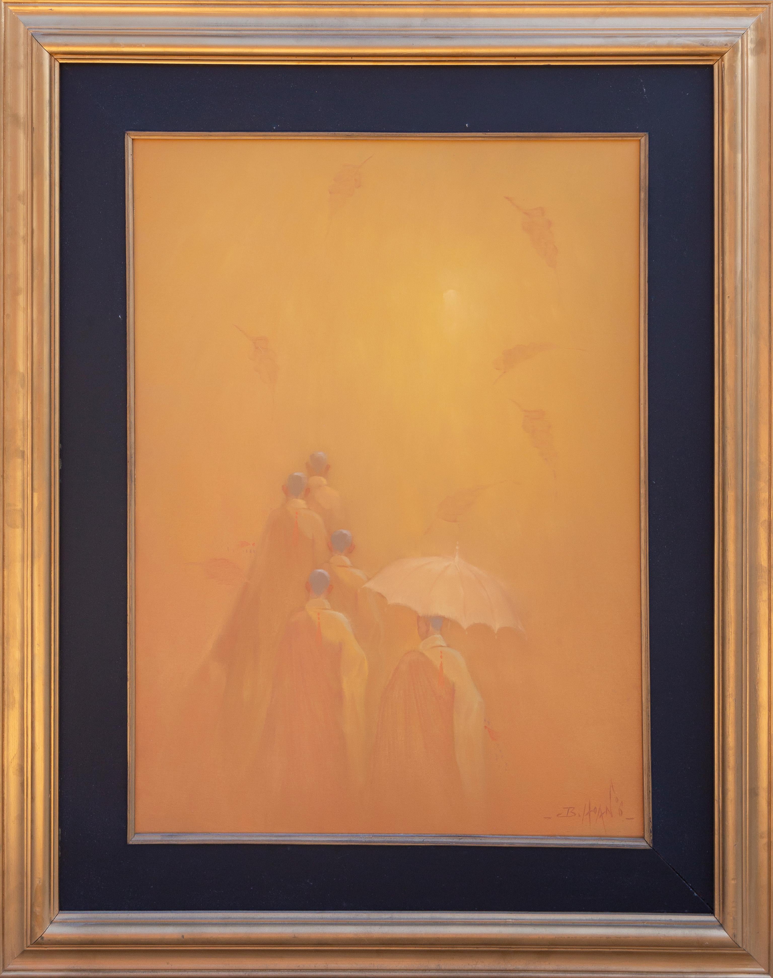 Une peinture originale de moines bouddhistes se dirigeant en ligne à travers la forêt, réalisée par l'artiste contemporain bien connu Bui Van Hoan (1971 -  ).  Le tableau mesure 38 x 27,5 pouces et est encadré à 48 x 40,5 pouces.  