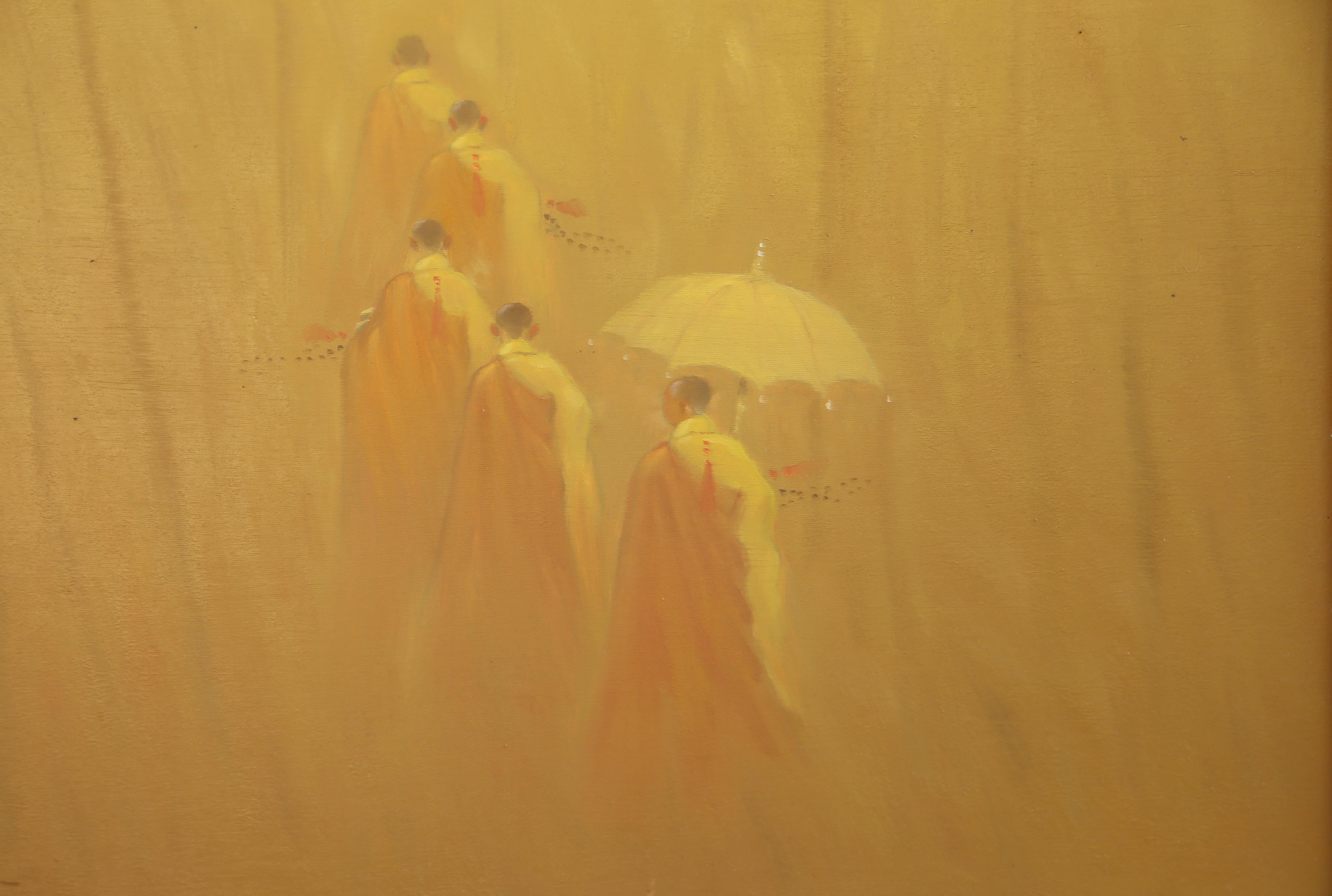 Monjes budistas andantes, pintura al óleo impresionista de Bui Van Hoan en venta 1