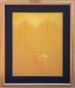 Moncs bouddhistes marchant, peinture à l'huile impressionniste de Bui Van Hoan