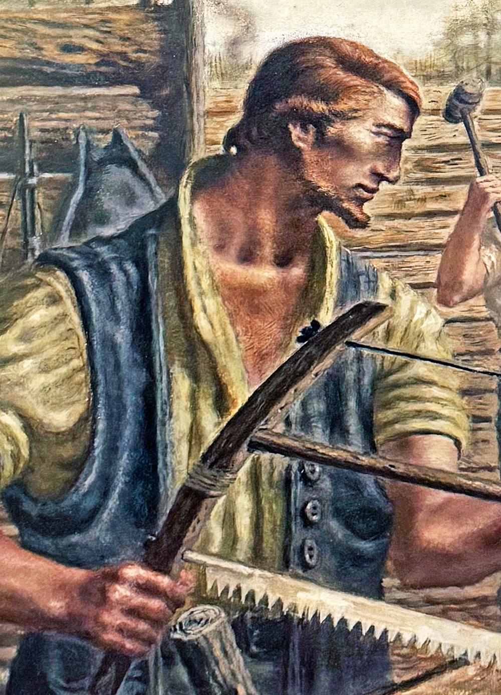 Striking and important, this scene of two Colonial era figures -- probably father and son, one with reddish hair and the other blond -- shows them sawing and splitting logs for a new home in the wilderness, tall trees to either side.  Both figures