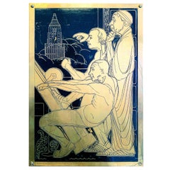 "Building a Monument, " Art Deco Elevator Panel Contrasting Medieval and Modern