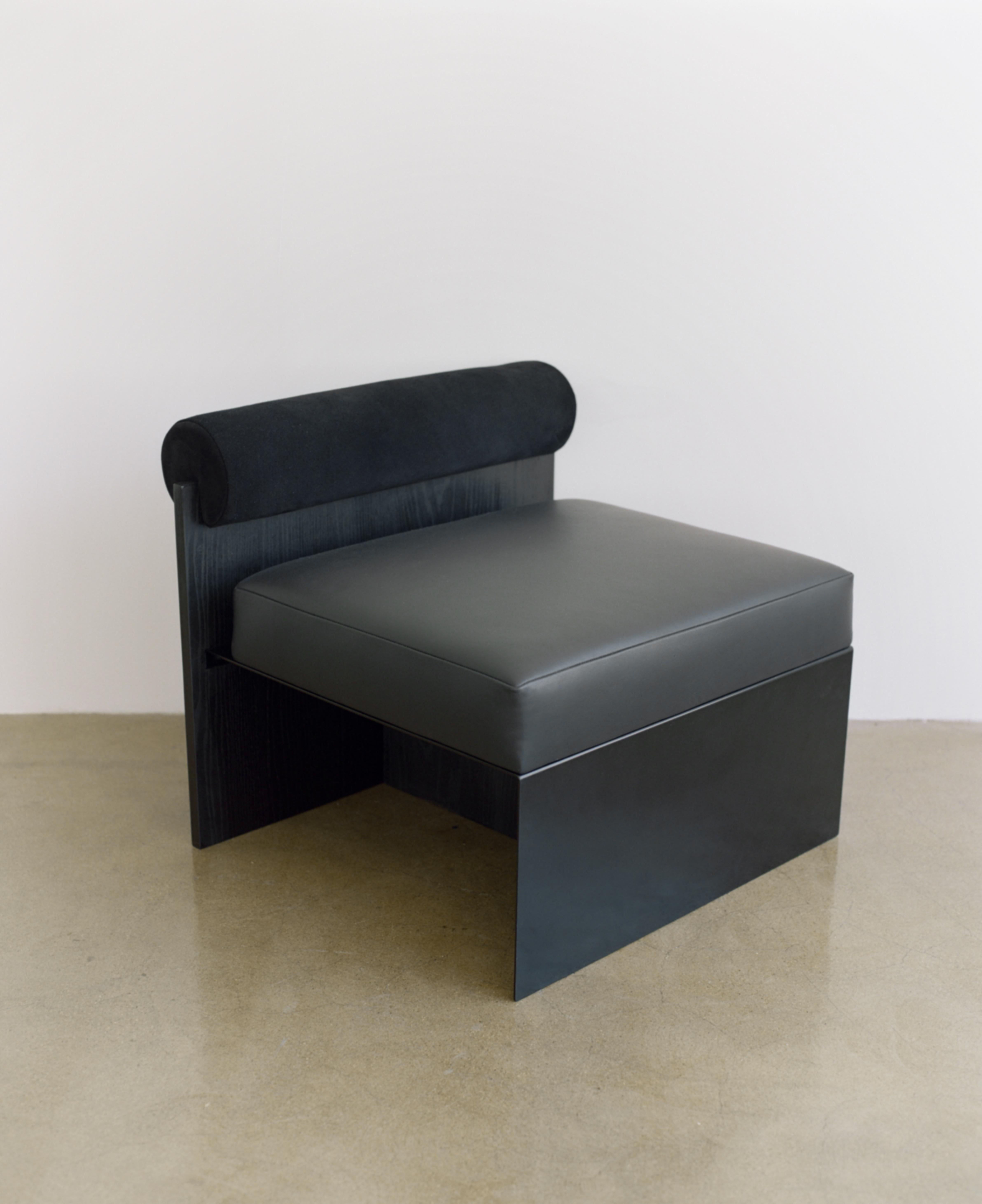 American Building Blocks, Modern Geometric Side Chair with Black Leather and Wood Back For Sale