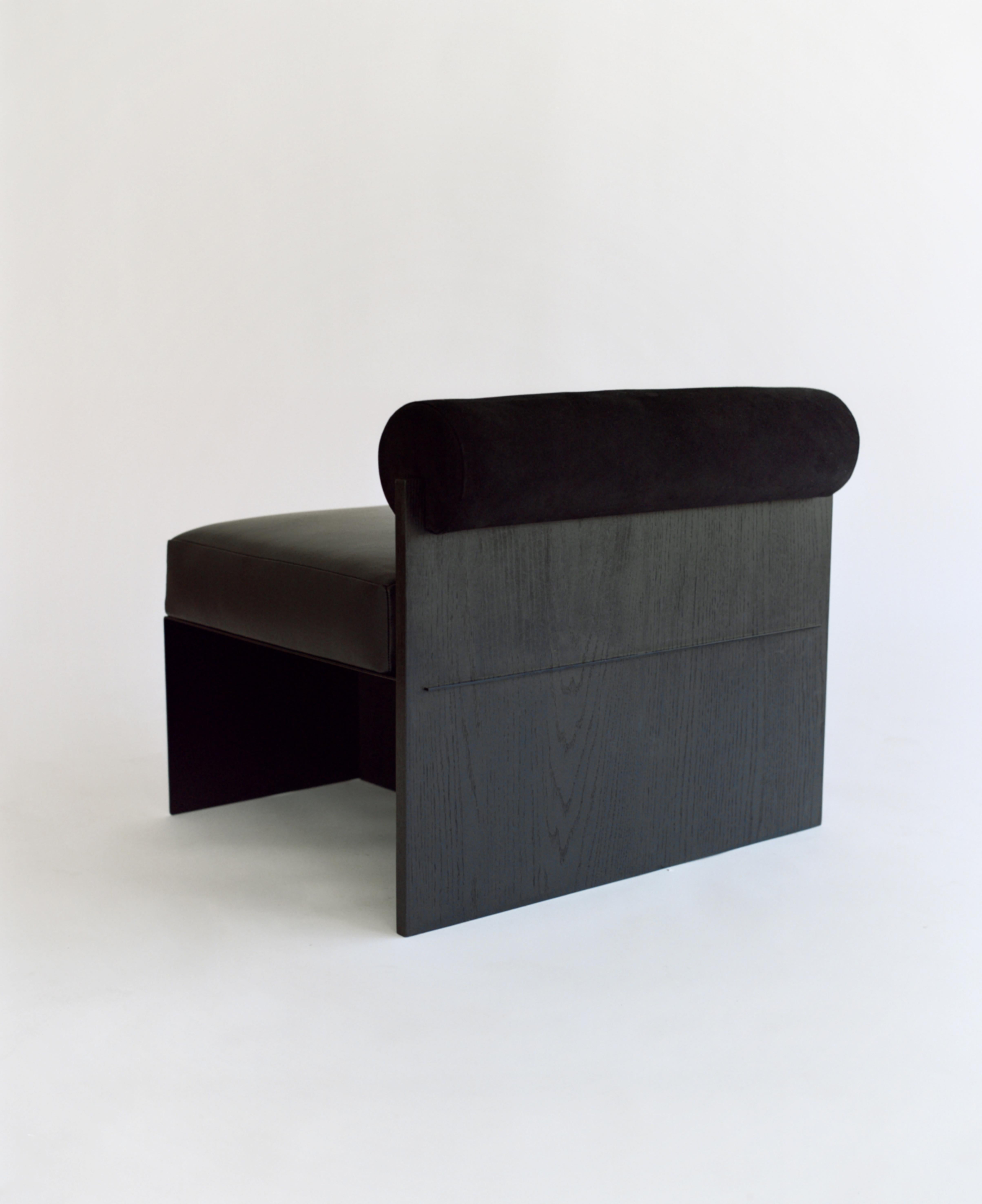 Contemporary Building Blocks, Modern Geometric Side Chair with Black Leather and Wood Back For Sale