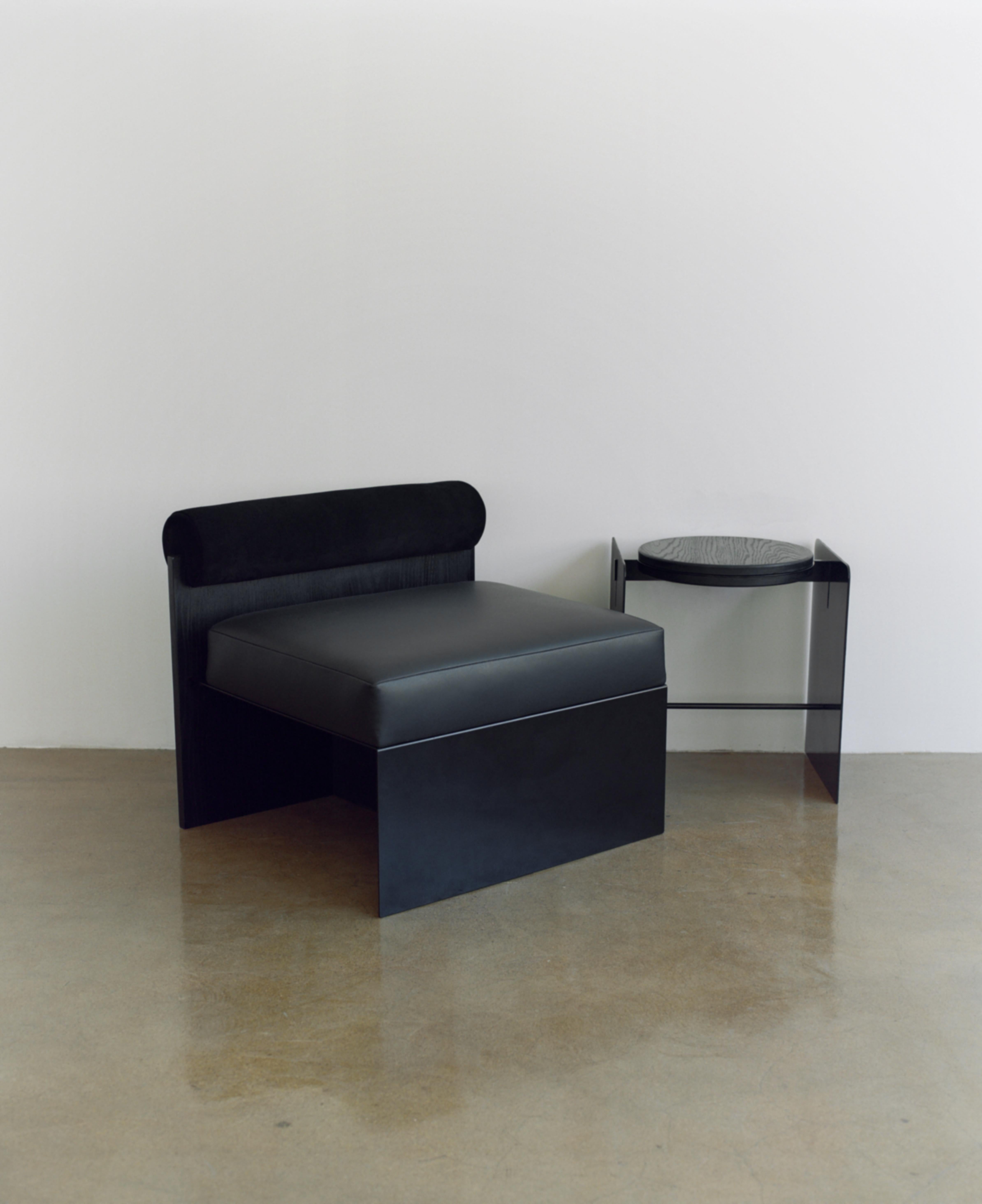 Metal Building Blocks, Modern Geometric Side Chair with Black Leather and Wood Back For Sale