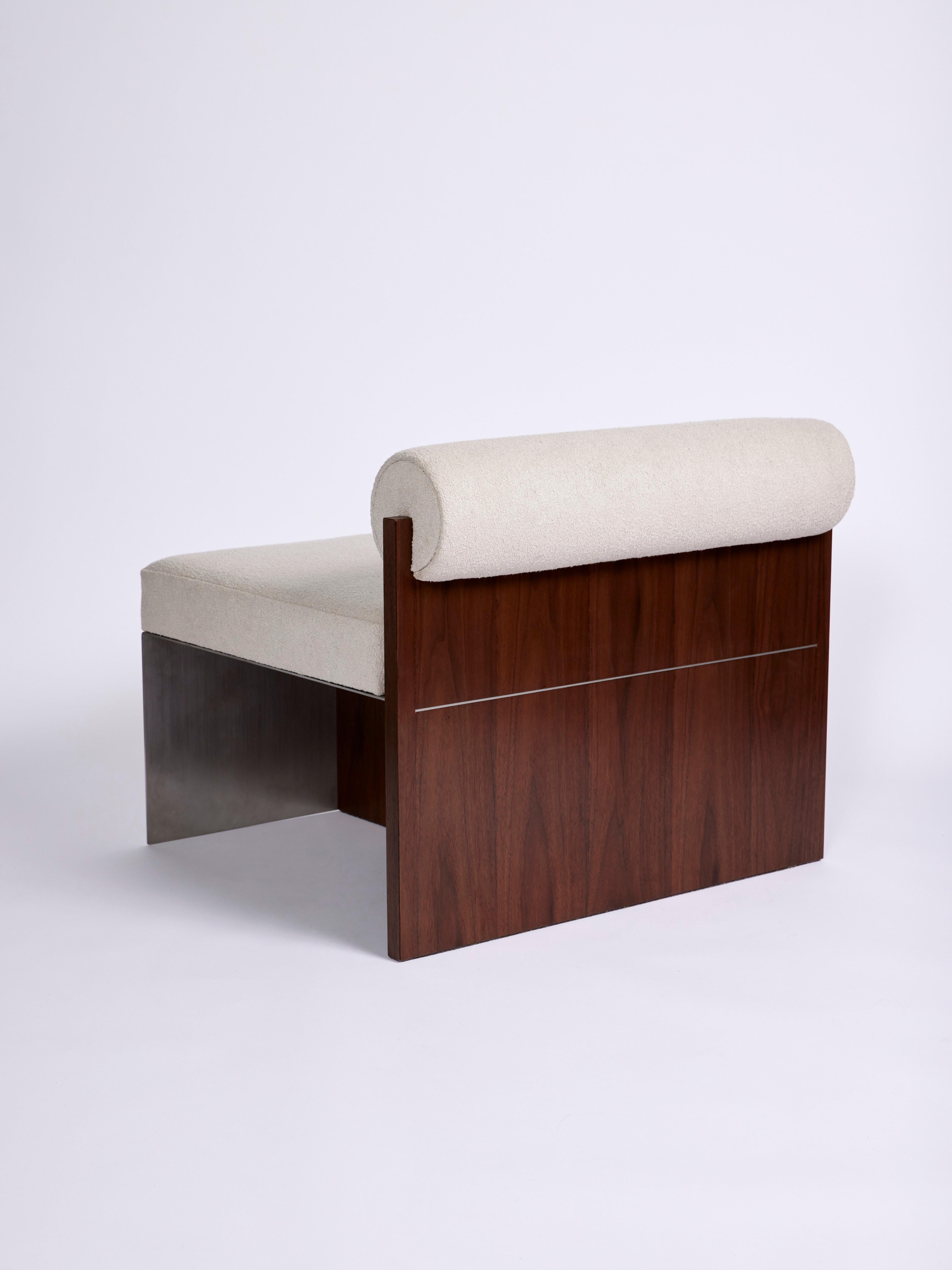 American Building Blocks, New Modern Side Lounge Chair with Bouclé and Walnut Back For Sale