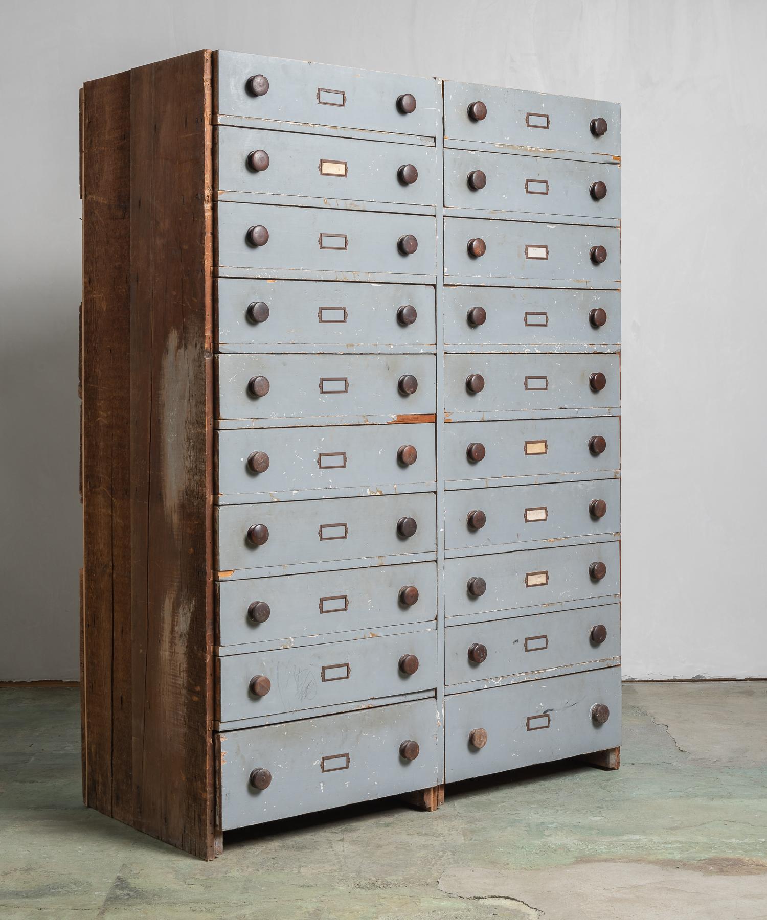 Painted Built-In Archival Bank of Drawers, America, circa 19th Century