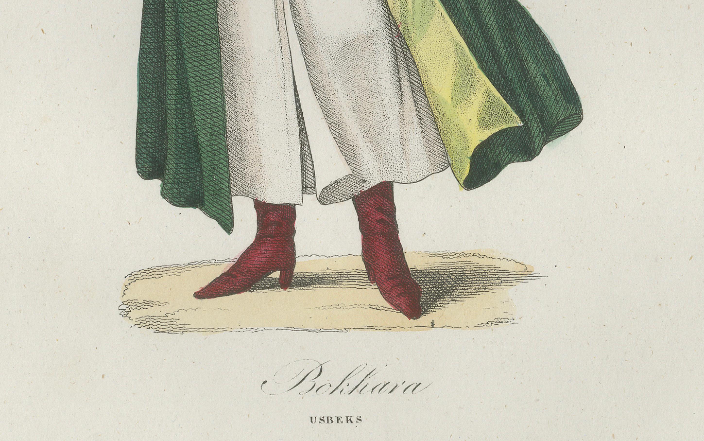 Buchara Usbekisch Kostüm Druck - Antike handkolorierte Lithographie, 1854

Diese antike handkolorierte Lithografie, die 1854 im Album des Voyages Anciens et Modernes von Martial Ardant Frères veröffentlicht wurde, zeigt einen Mann aus Buchara, der