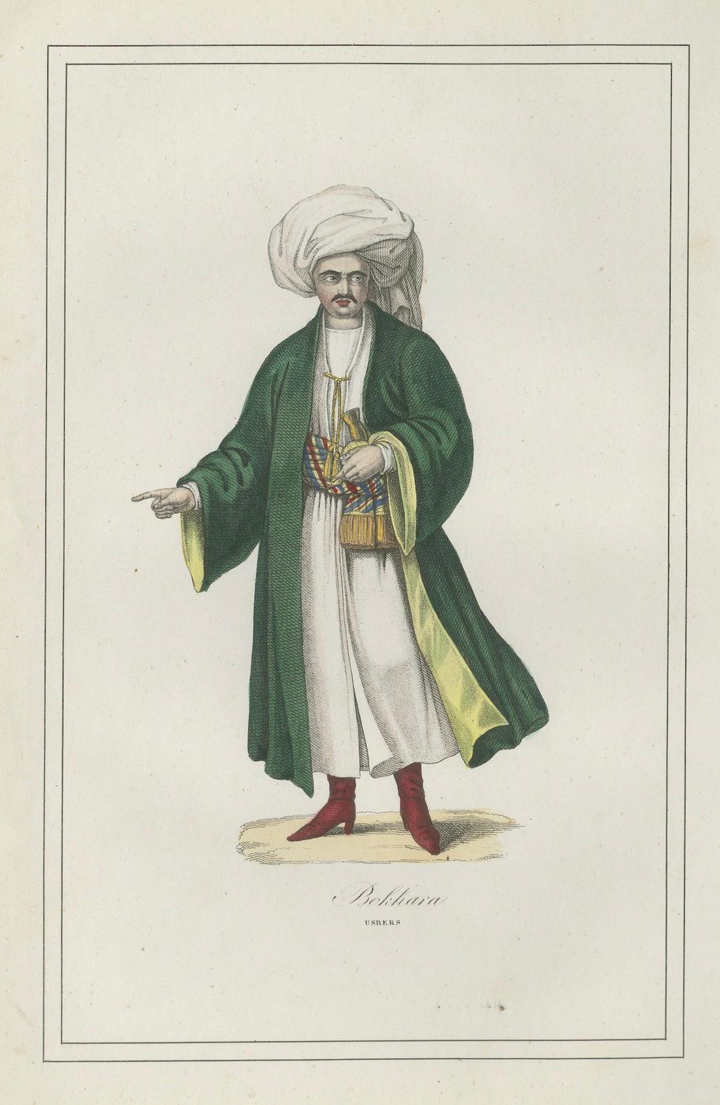 Buchara Usbekisch Kostüm Druck - Antike handkolorierte Lithographie, 1854 (Papier) im Angebot
