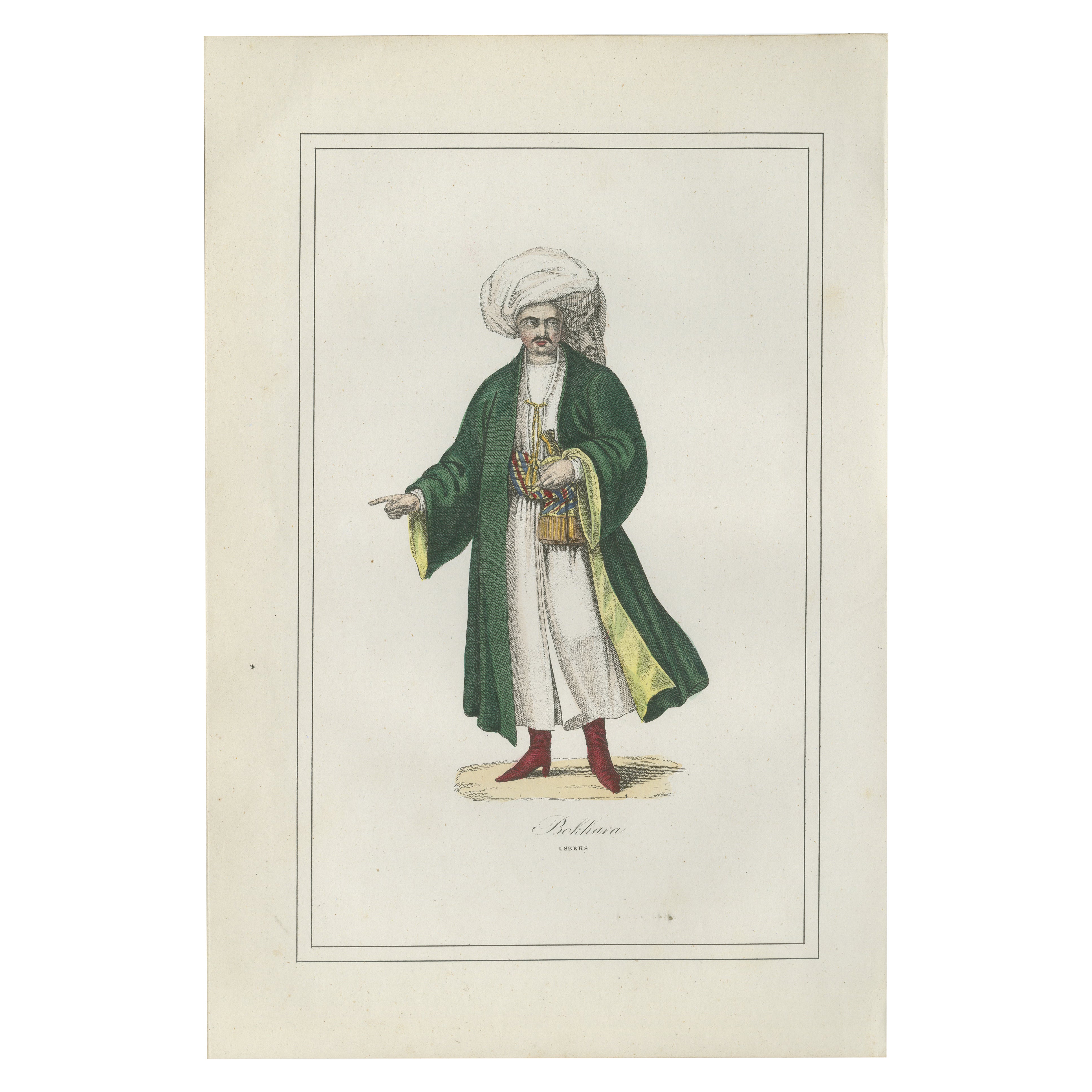 Buchara Usbekisch Kostüm Druck - Antike handkolorierte Lithographie, 1854