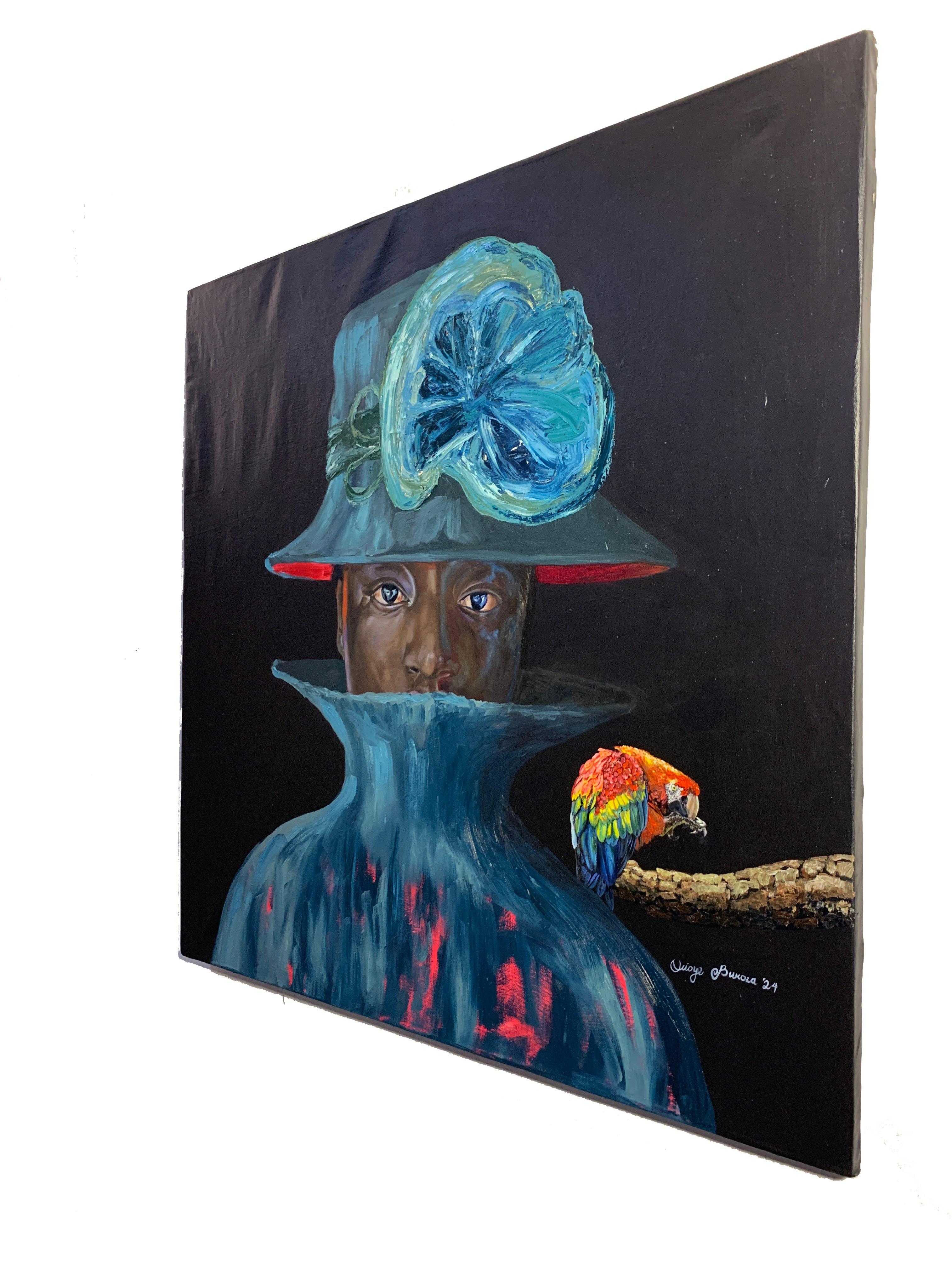 Aiyekooto (Unsicher) - Zeitgenössisches afrikanisches Porträt mit Papageiensymbolik im Angebot 1