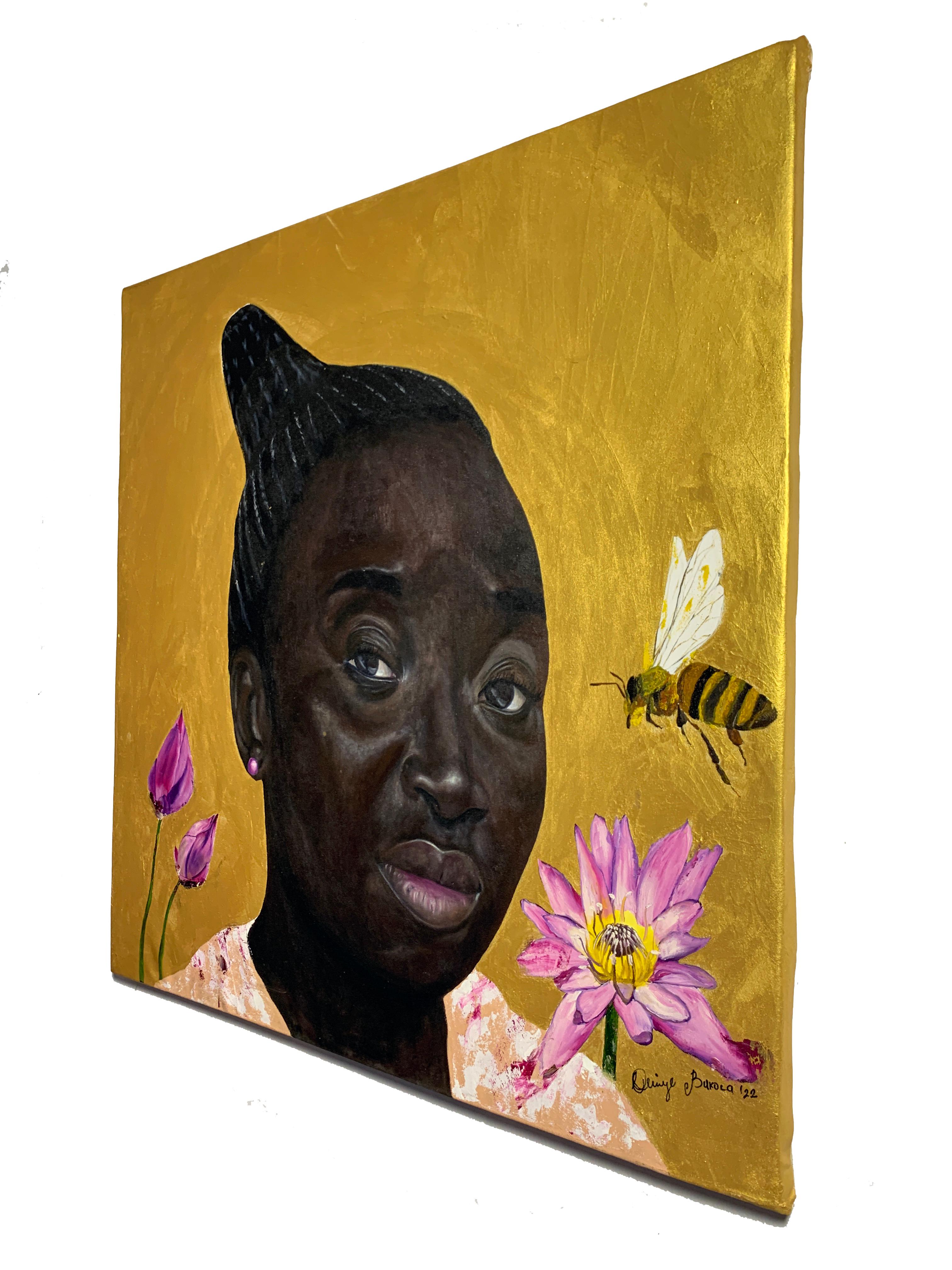 Asake Bee Keeper - Ritratto simbolico africano in tecnica mista (olio e acrilico) - Mixed Media Art Contemporaneo di Bukola Orioye
