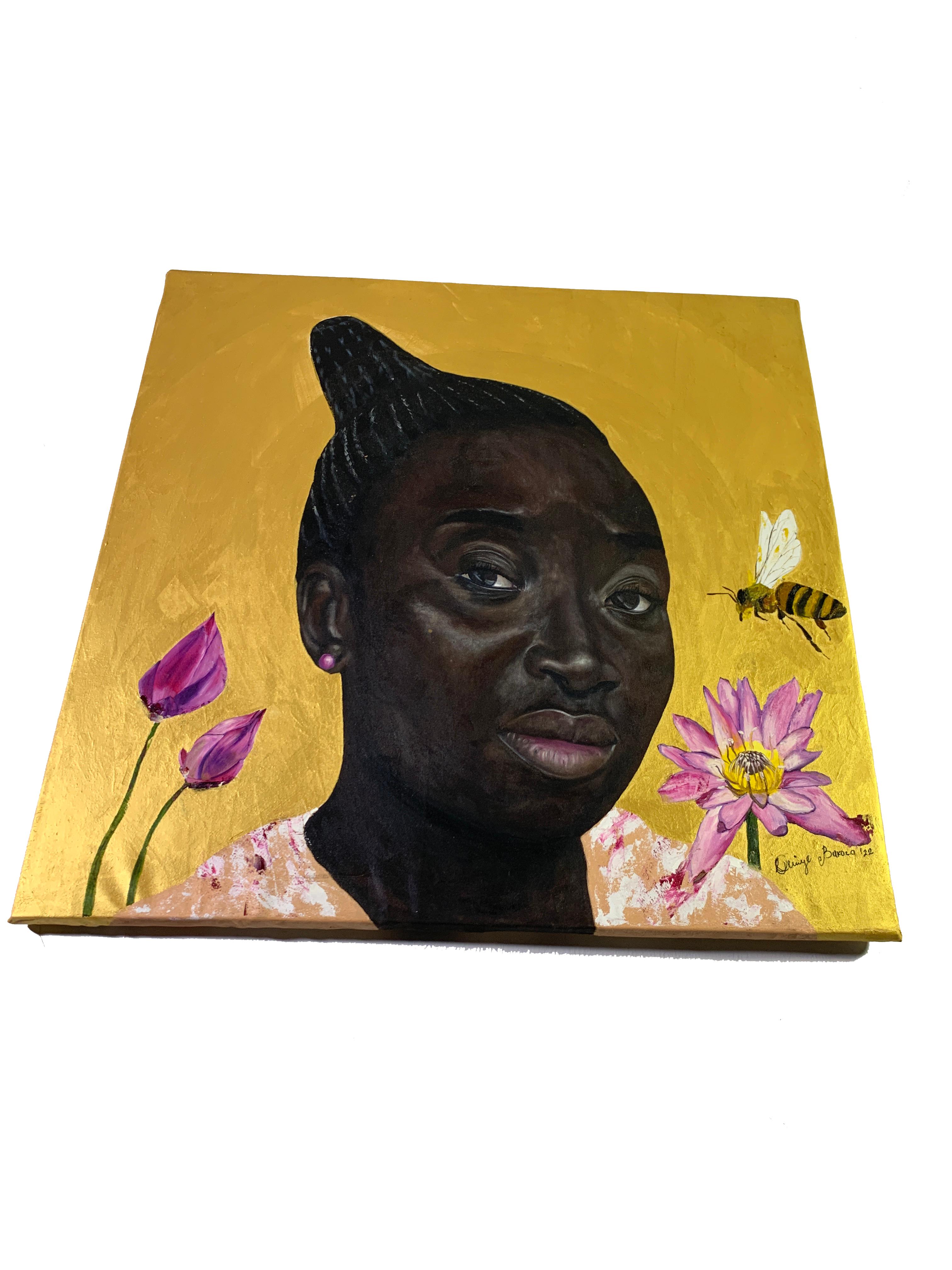 Asake Bee Keeper - Ritratto simbolico africano in tecnica mista (olio e acrilico) in vendita 1