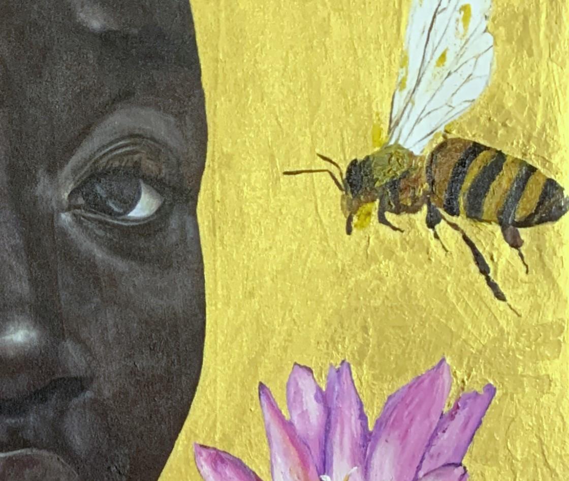 Asake Bee Keeper - Ritratto simbolico africano in tecnica mista (olio e acrilico) in vendita 2